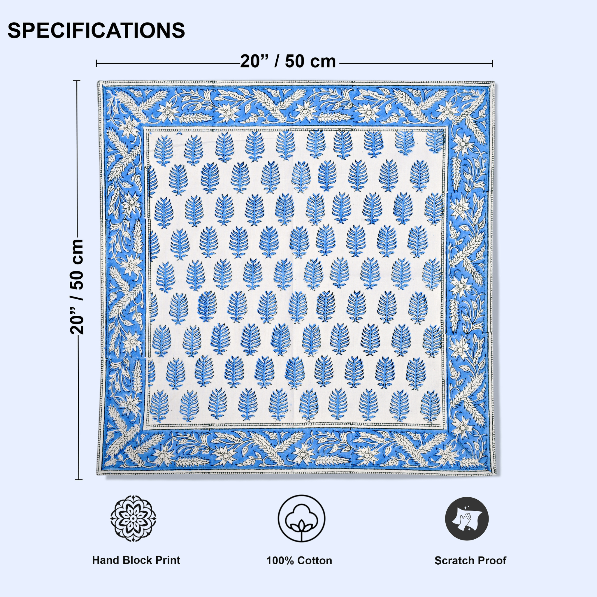 Blue and white patterned fabric with dimensions and certification icons on a white background