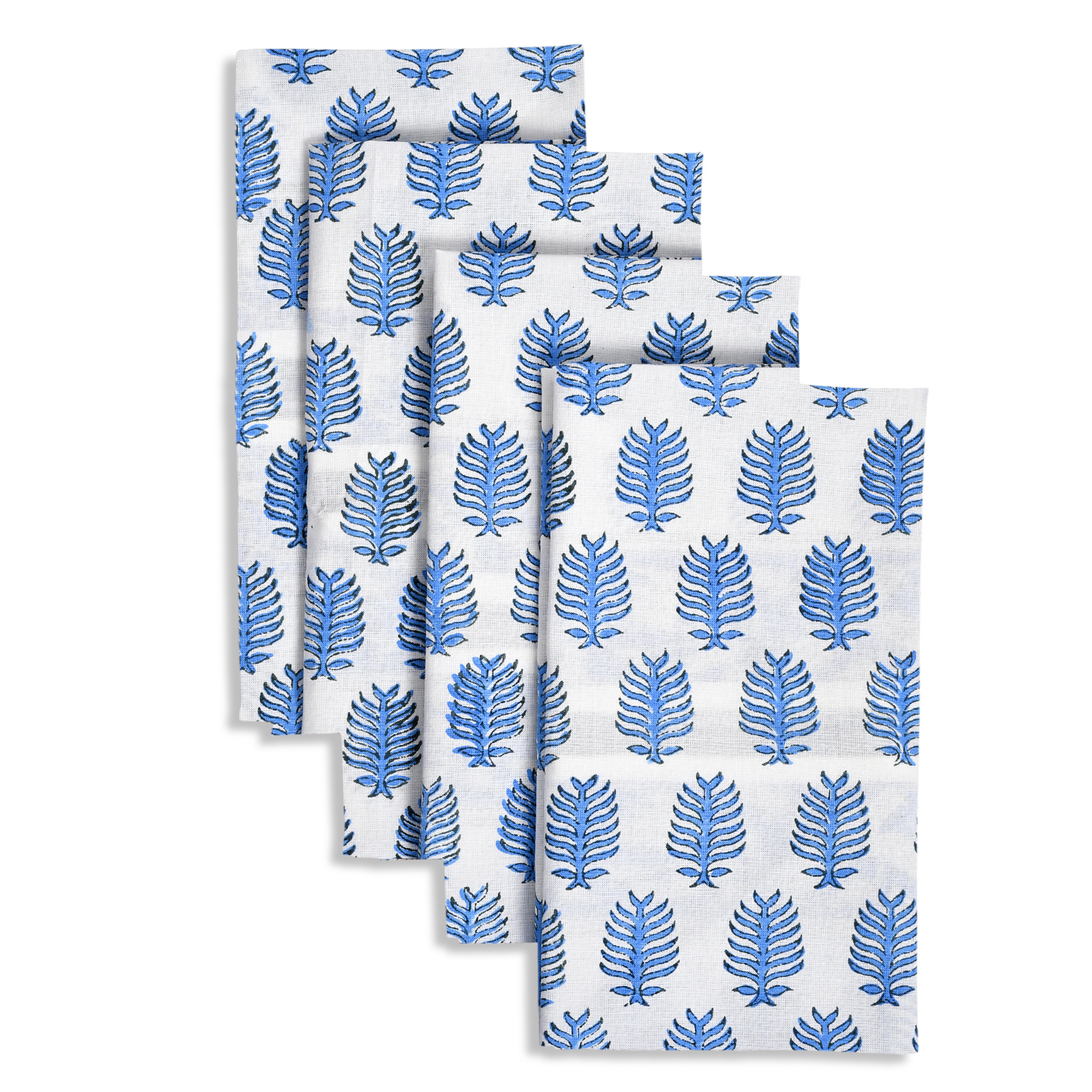 Set of four folded towels with blue leaf pattern on a white background