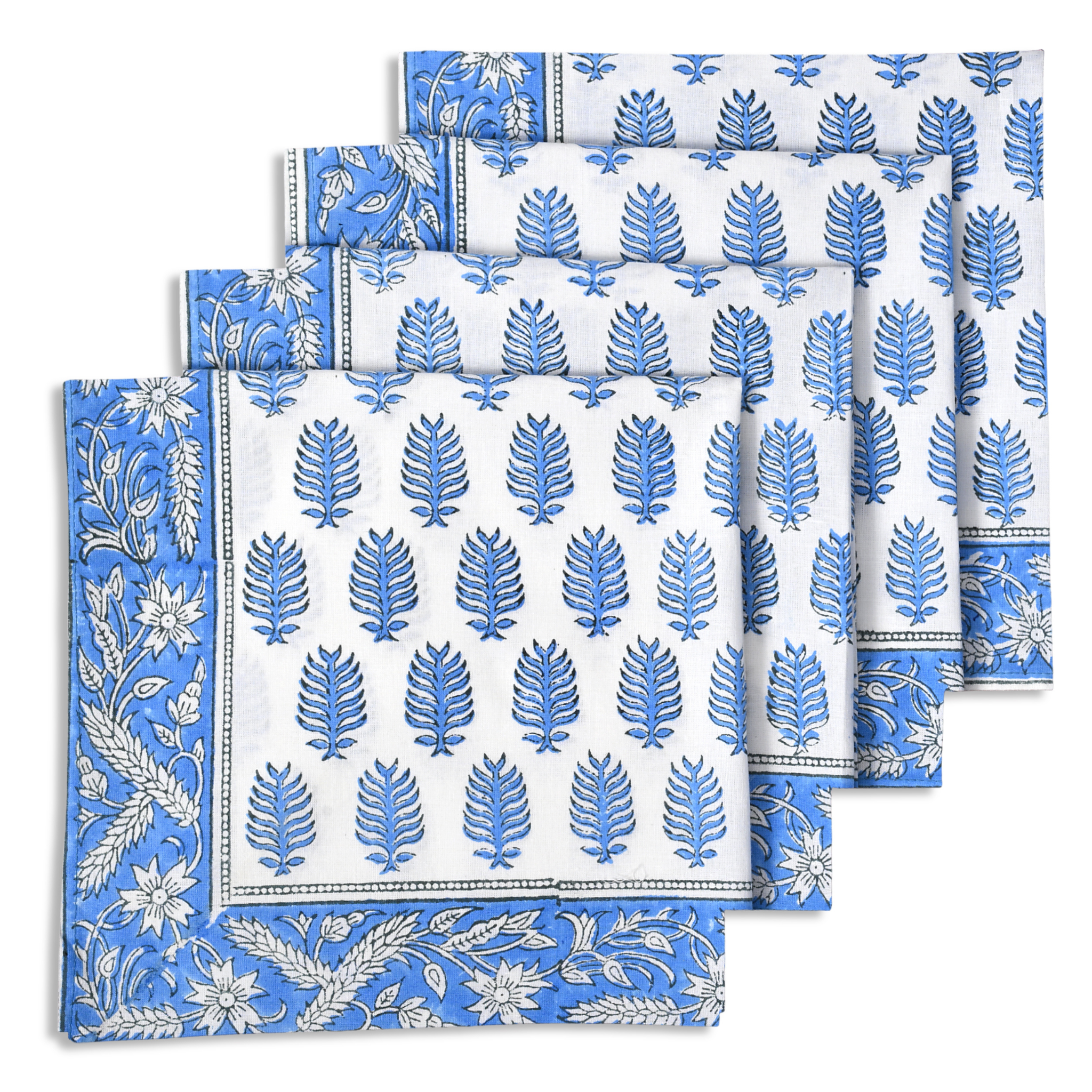 Set of blue and white patterned napkins on a white background