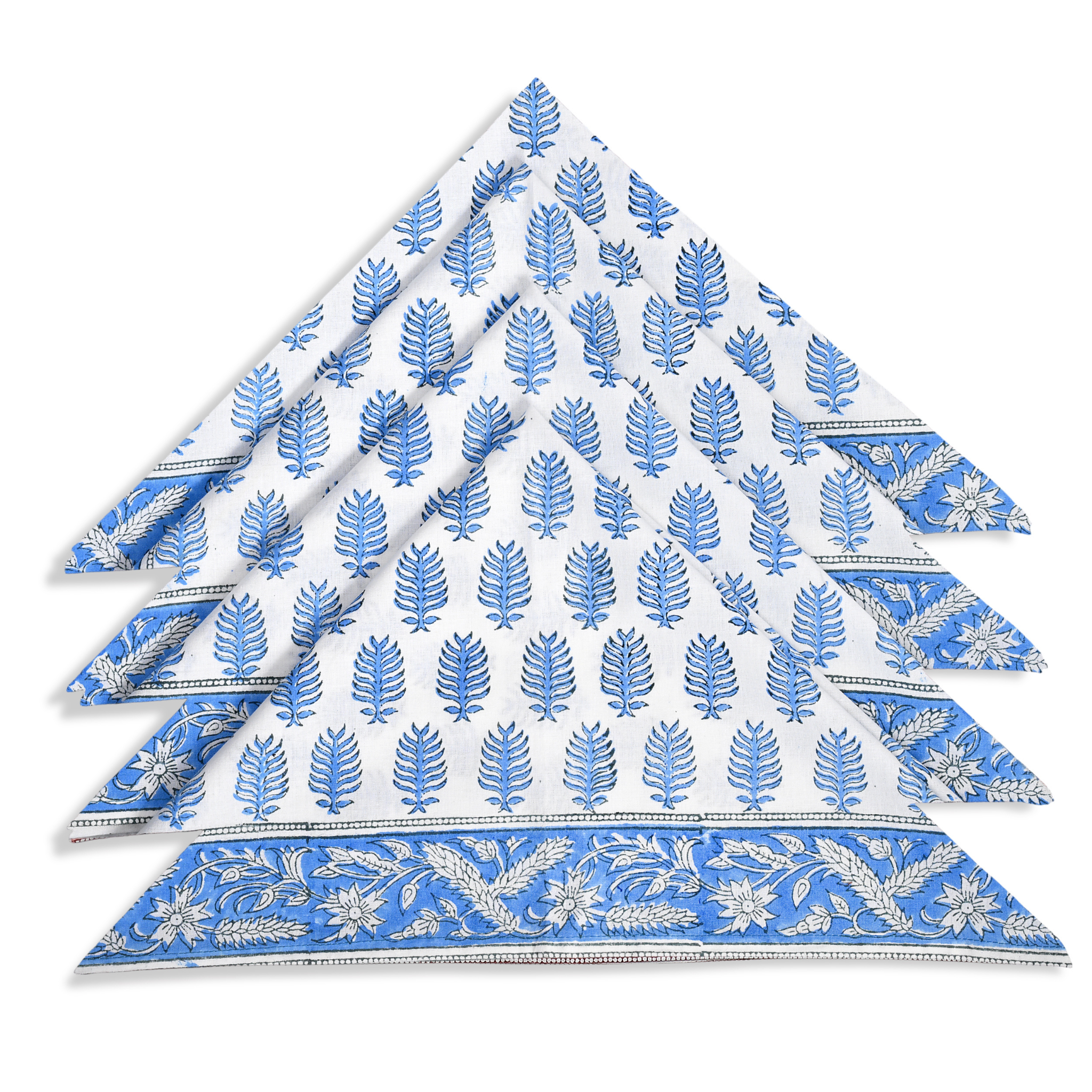 Set of blue and white patterned napkins on a white background
