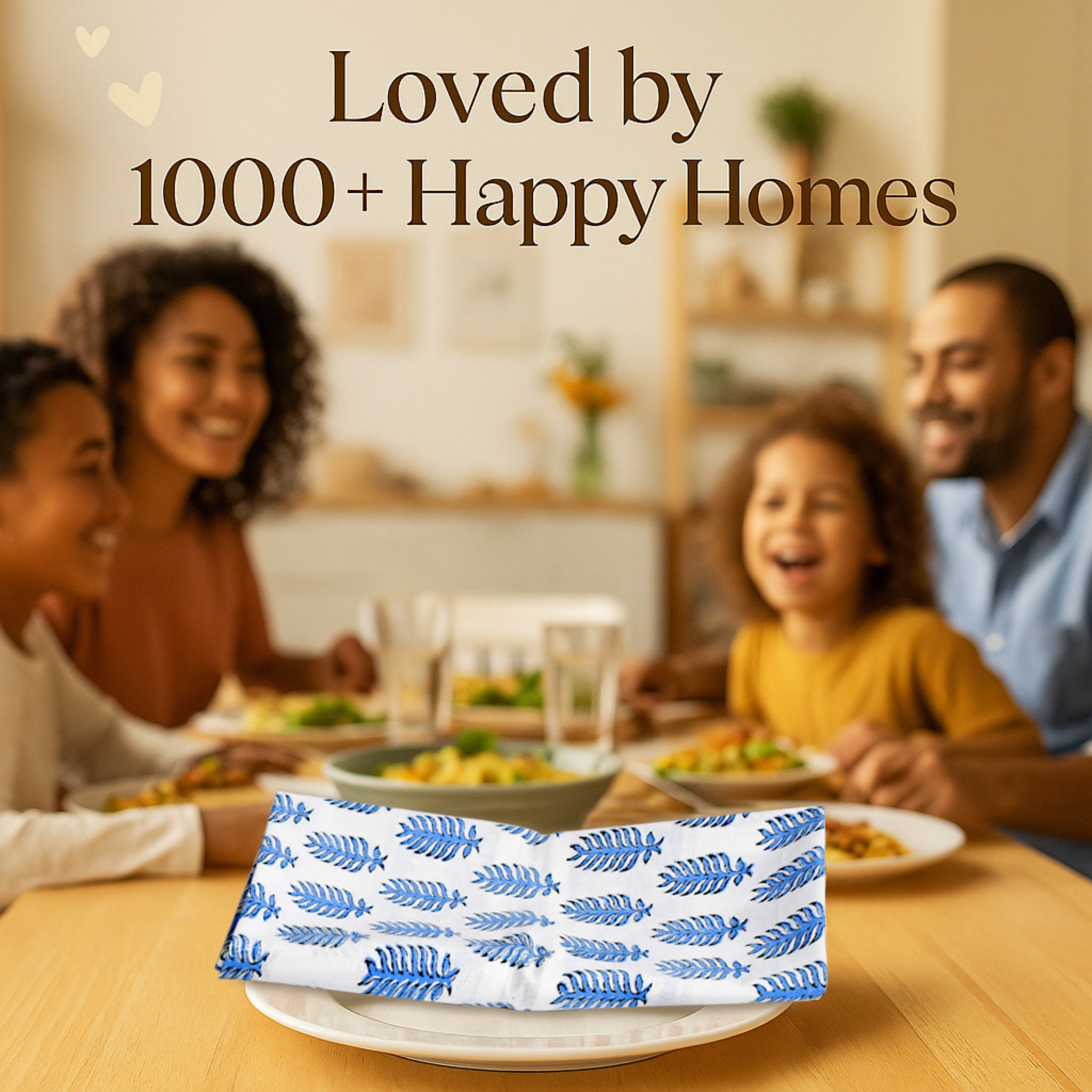 Family enjoying a meal together with a blue and white patterned napkin on a table.