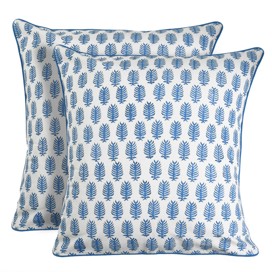 Two blue and white patterned pillows on a white background