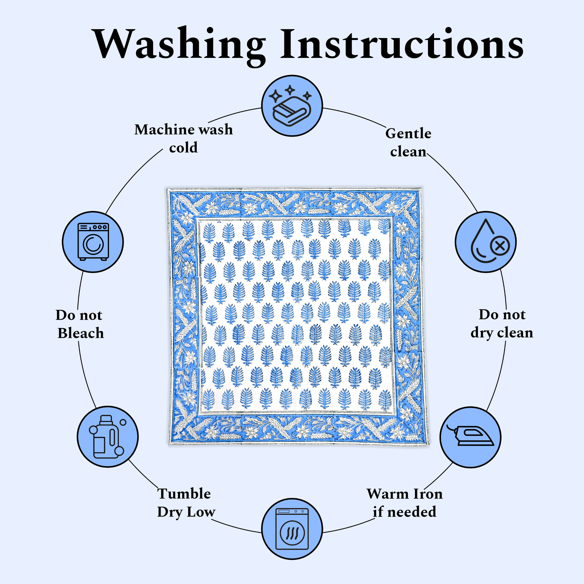 Washing instructions for a fabric product with icons and text on a white background