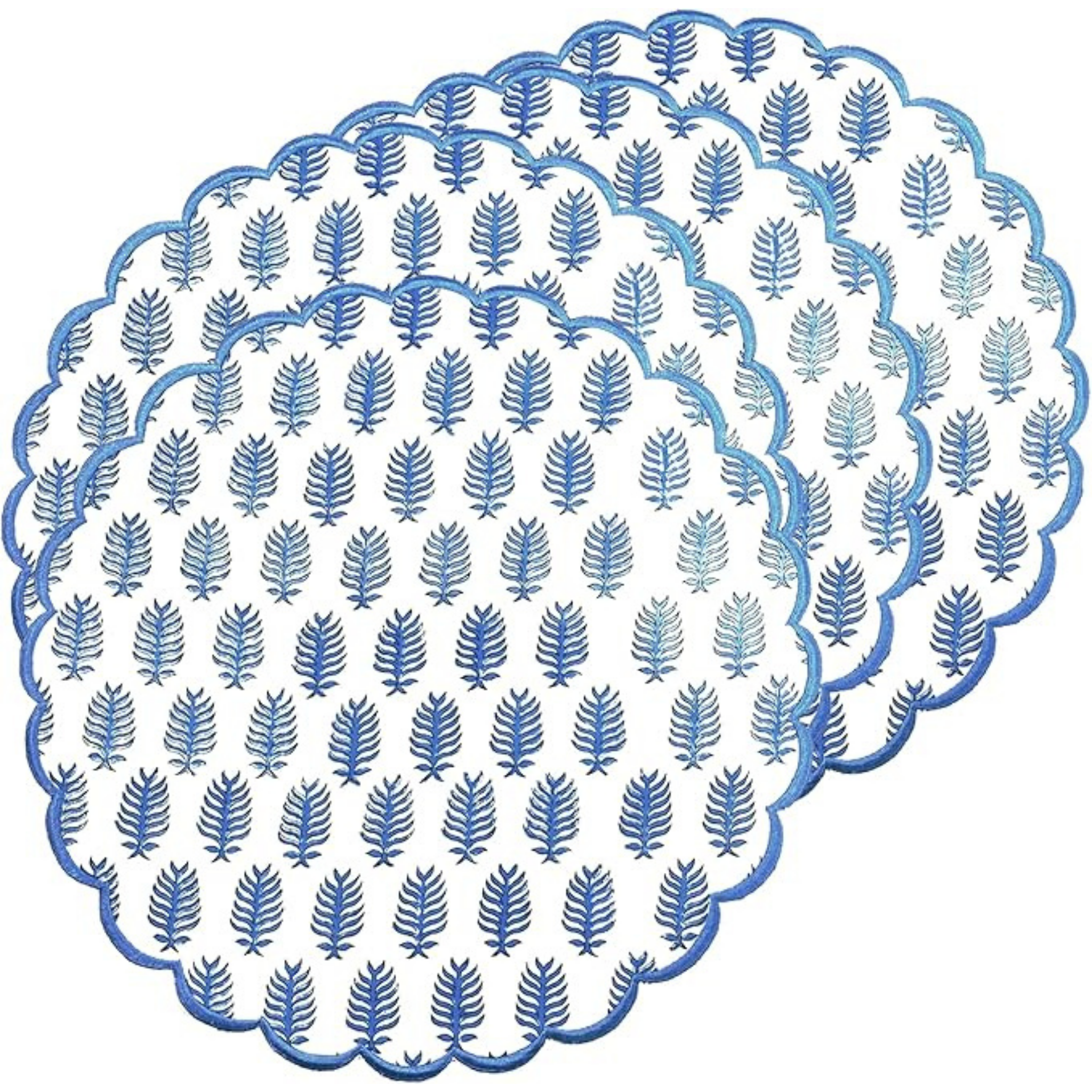 Round paper placemat with blue leaf pattern on a white background