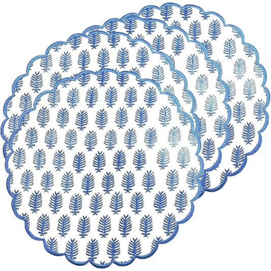Round paper placemat with blue leaf pattern on a white background