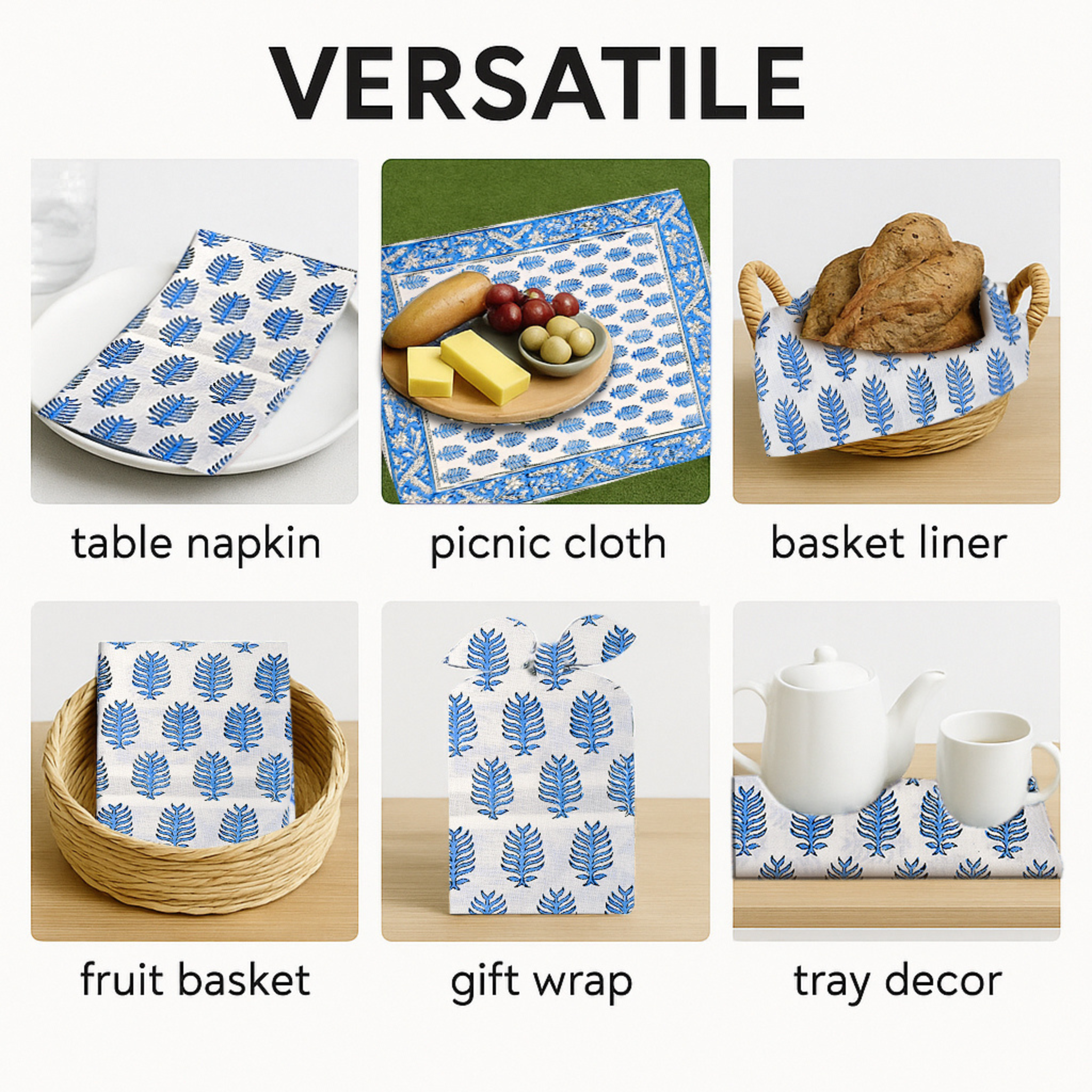 Versatile use of blue and white patterned table napkins, picnic cloth, basket liner, fruit basket, gift wrap, and tray decor.