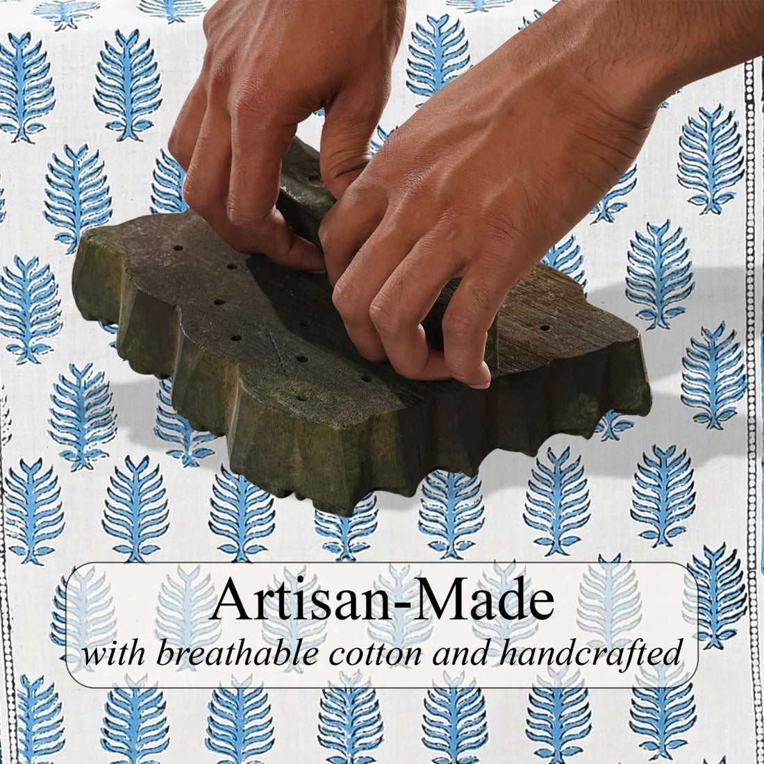 Hands working with a wooden tool on a patterned background with 'Artisan-Made' text.