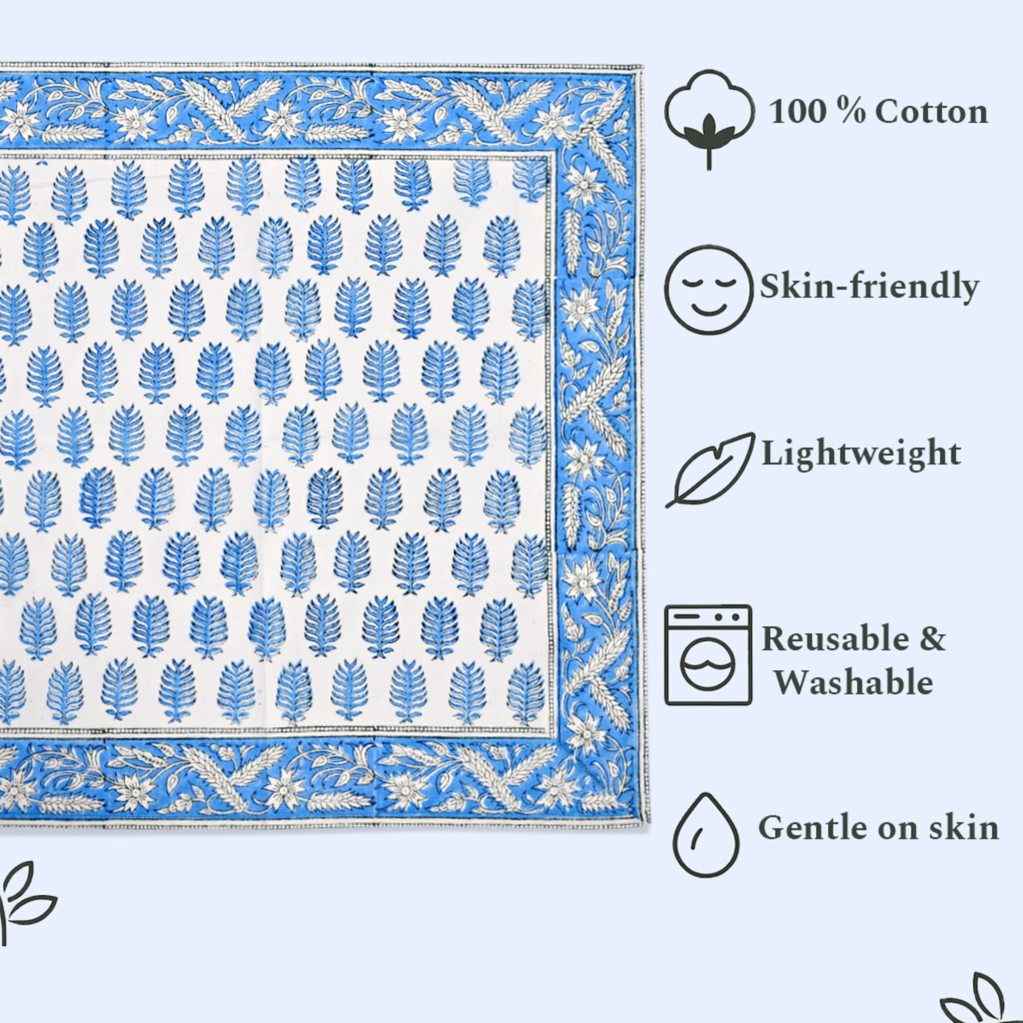 Cotton fabric with blue and white pattern and product features listed on the right.