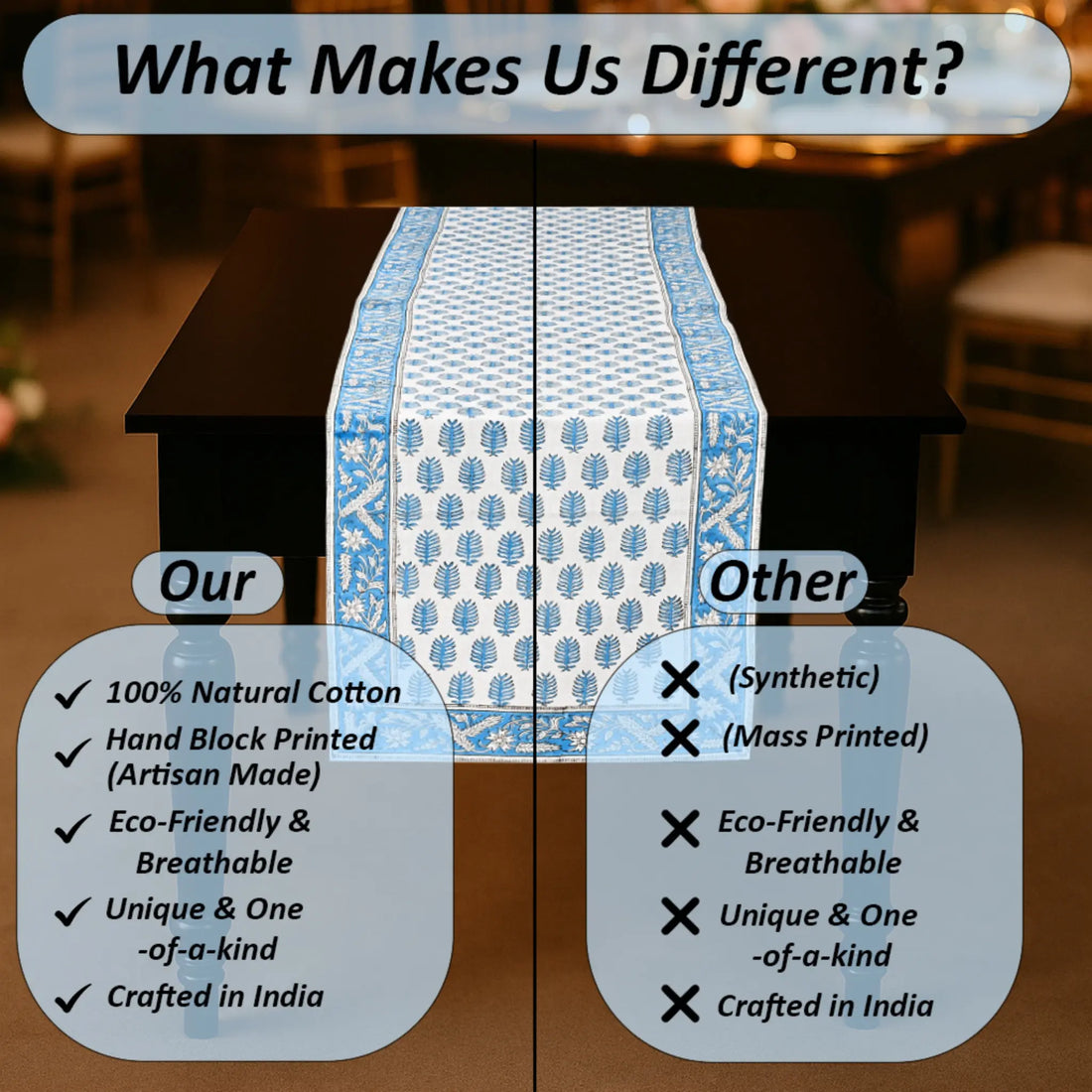 Table runner with comparison of natural cotton vs synthetic materials on a blurred background