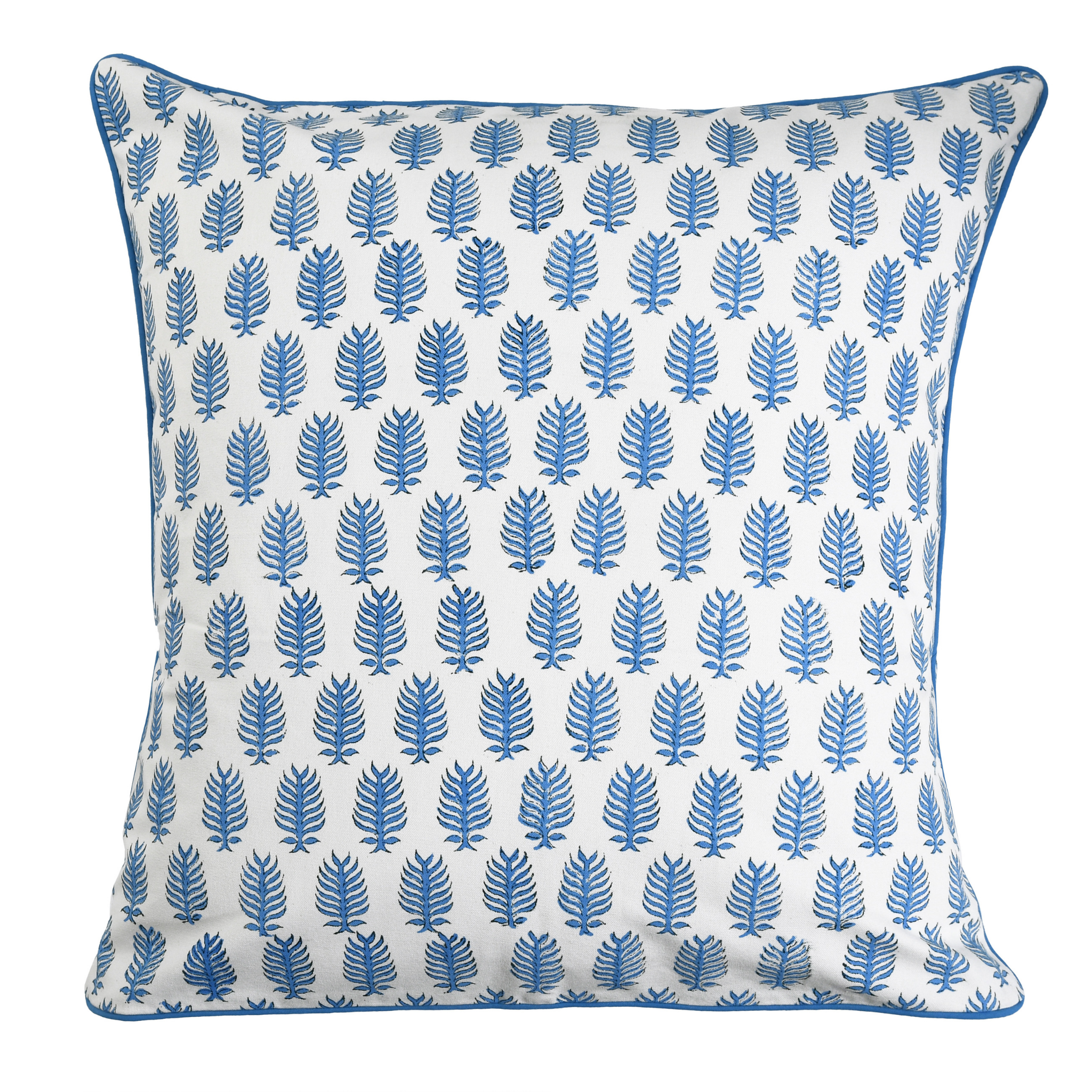 Decorative pillow with blue leaf pattern on a white background