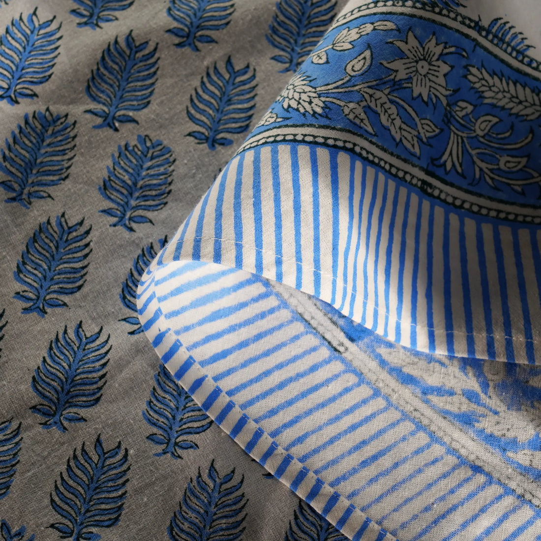 Textile with blue leaf patterns on a gray background