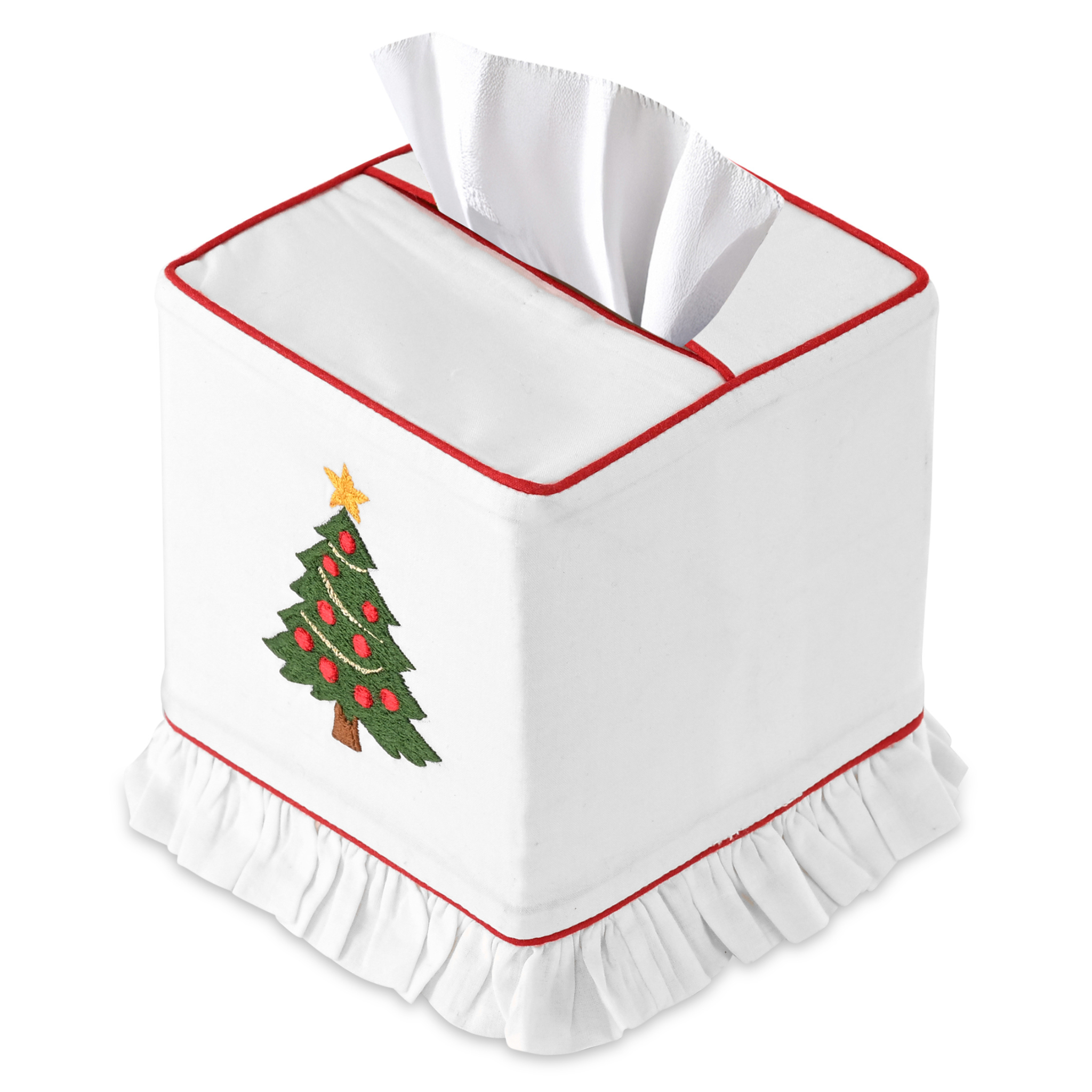 Tissue box cover with a Christmas tree design on a white background