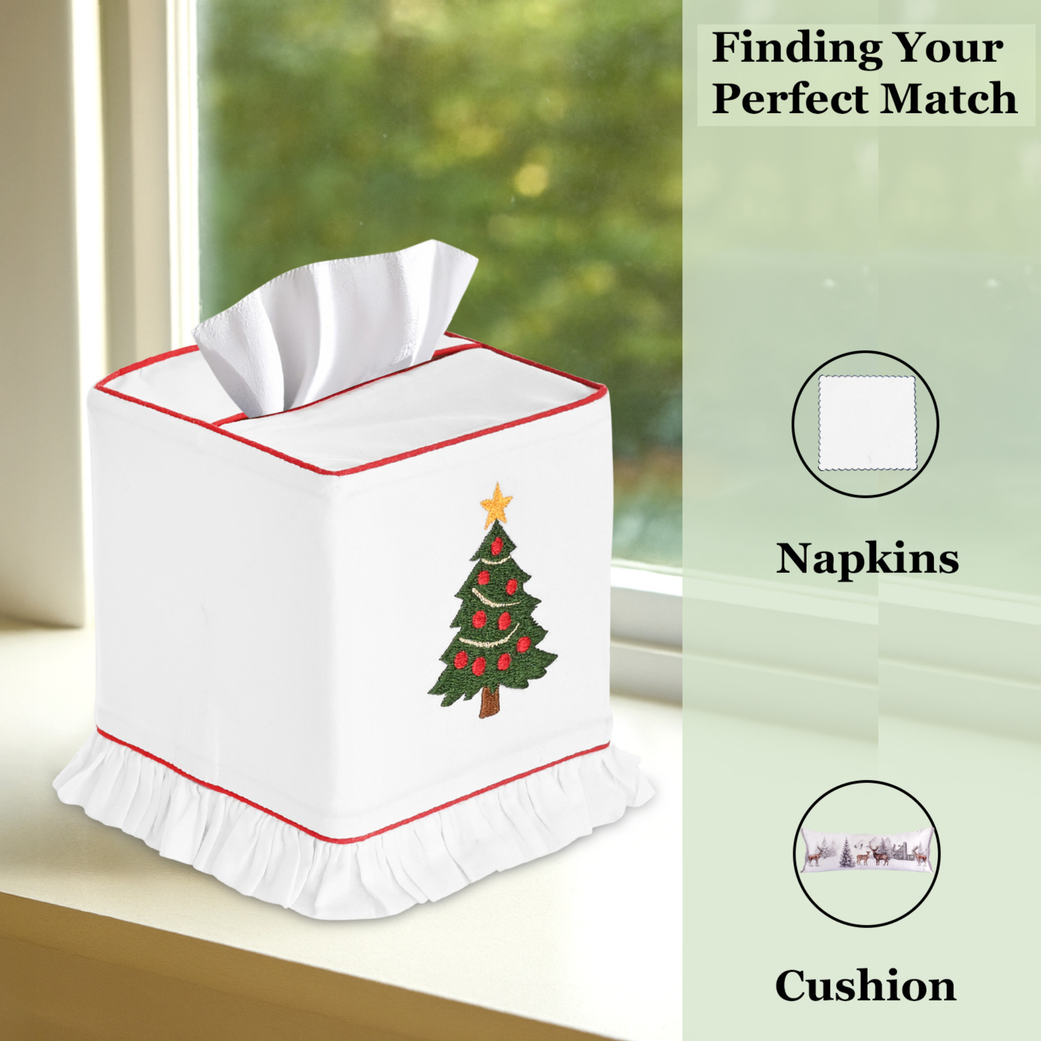 Tissue box cover with Christmas tree design on a windowsill.