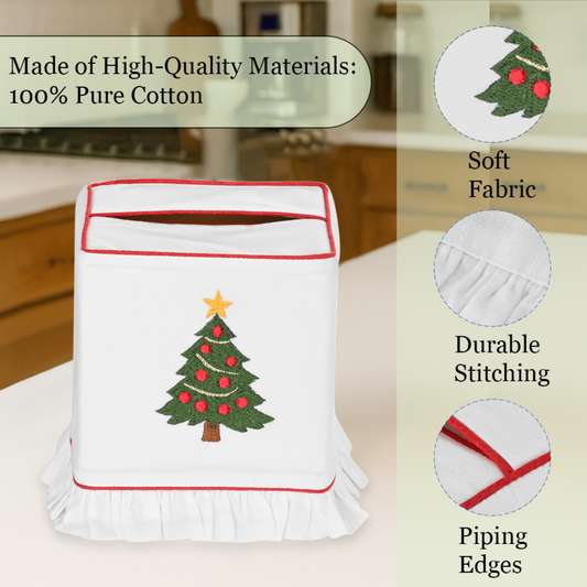 White kitchen towel with Christmas tree design, featuring high-quality materials text and icons.