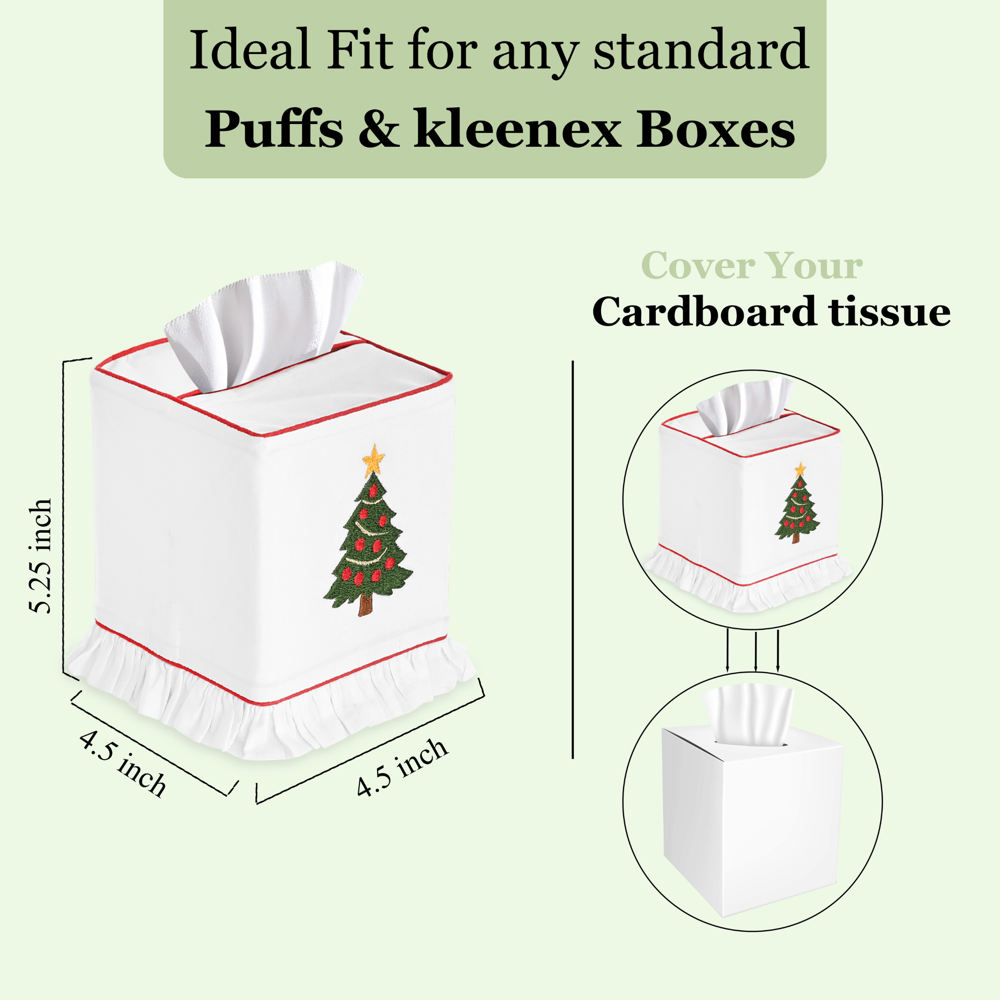 Tissue box cover with Christmas tree design on a light green background