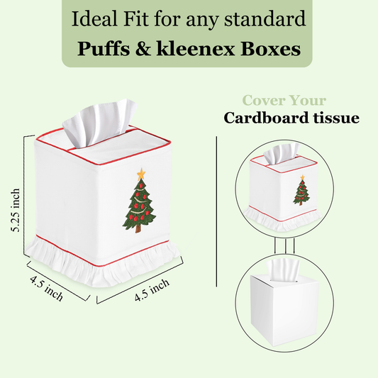 Tissue box cover with Christmas tree design on a light green background