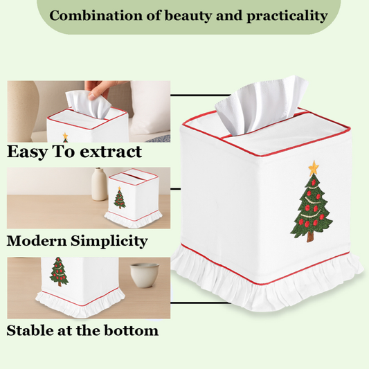 Tissue box cover with Christmas tree design on a light green background