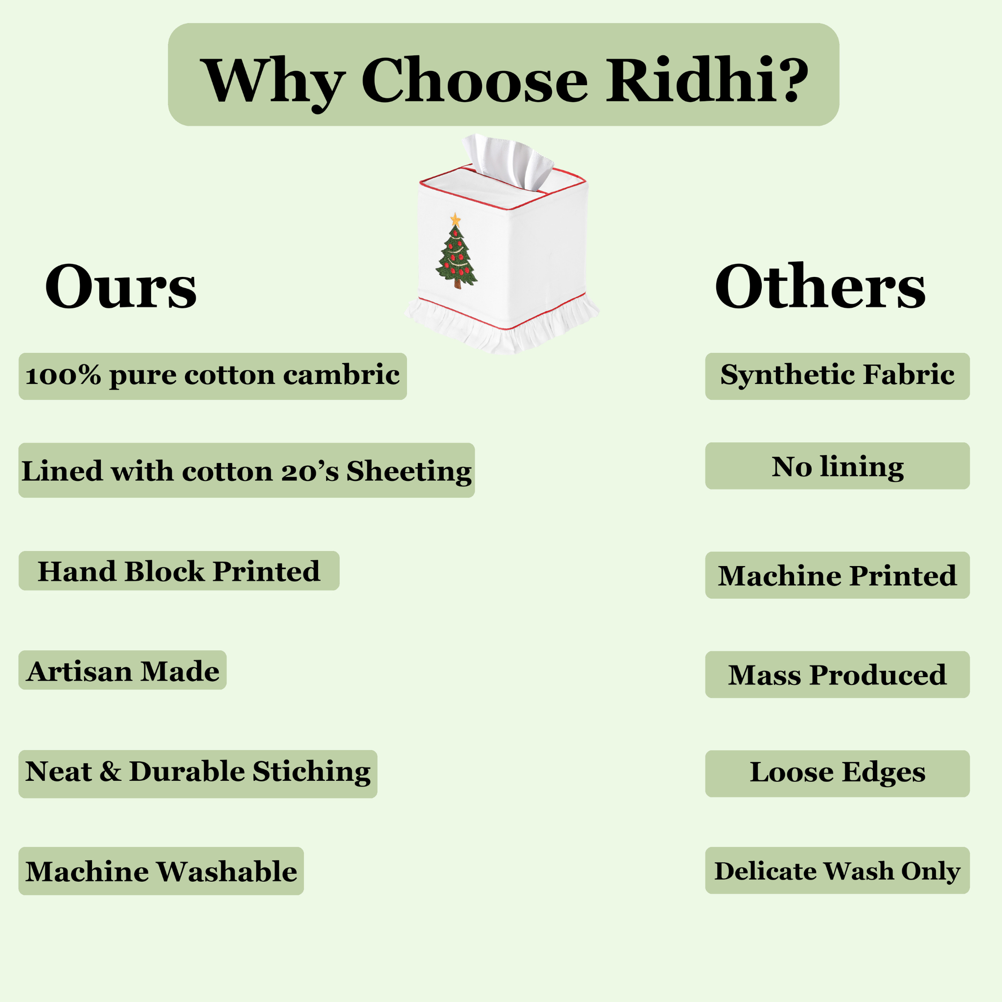 Comparison chart highlighting features of 'Ours' and 'Others' products on a light green background.