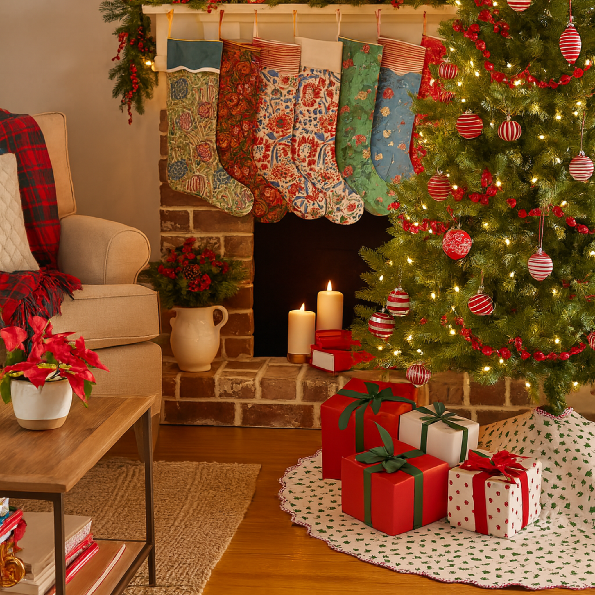 Cozy living room decorated for Christmas with a tree, stockings, and presents.