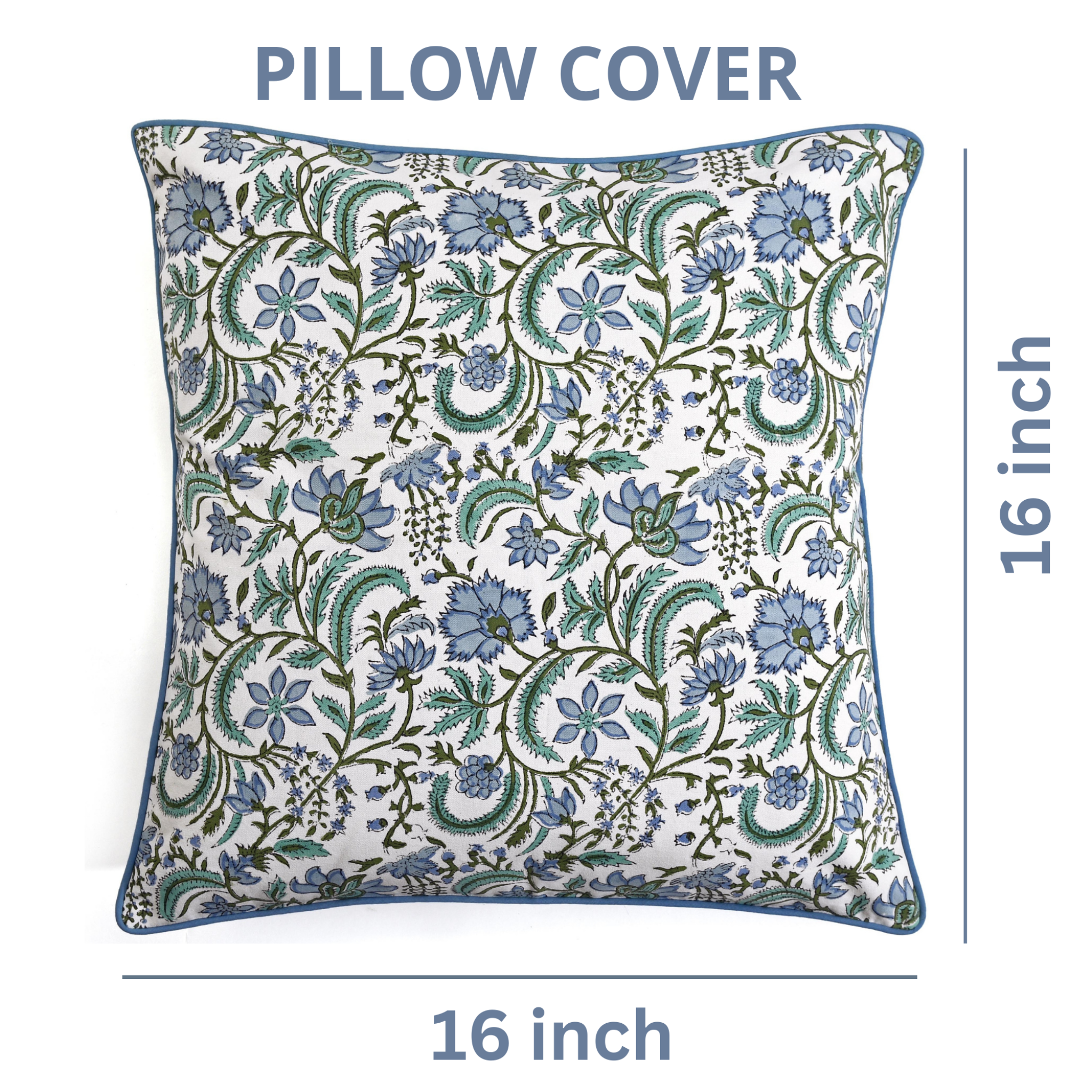 Floral patterned pillow cover with dimensions on a white background