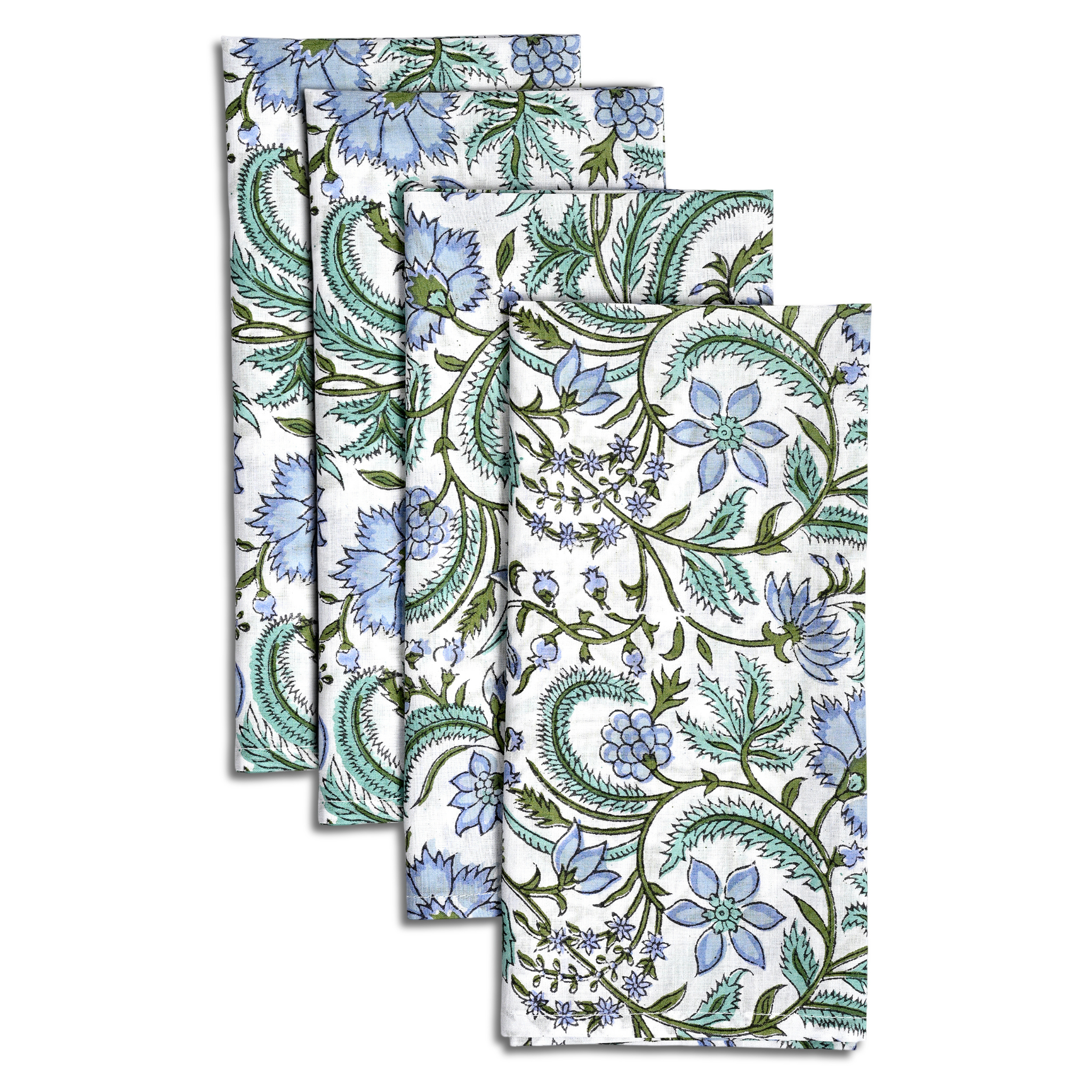 Set of four floral patterned napkins on a white background
