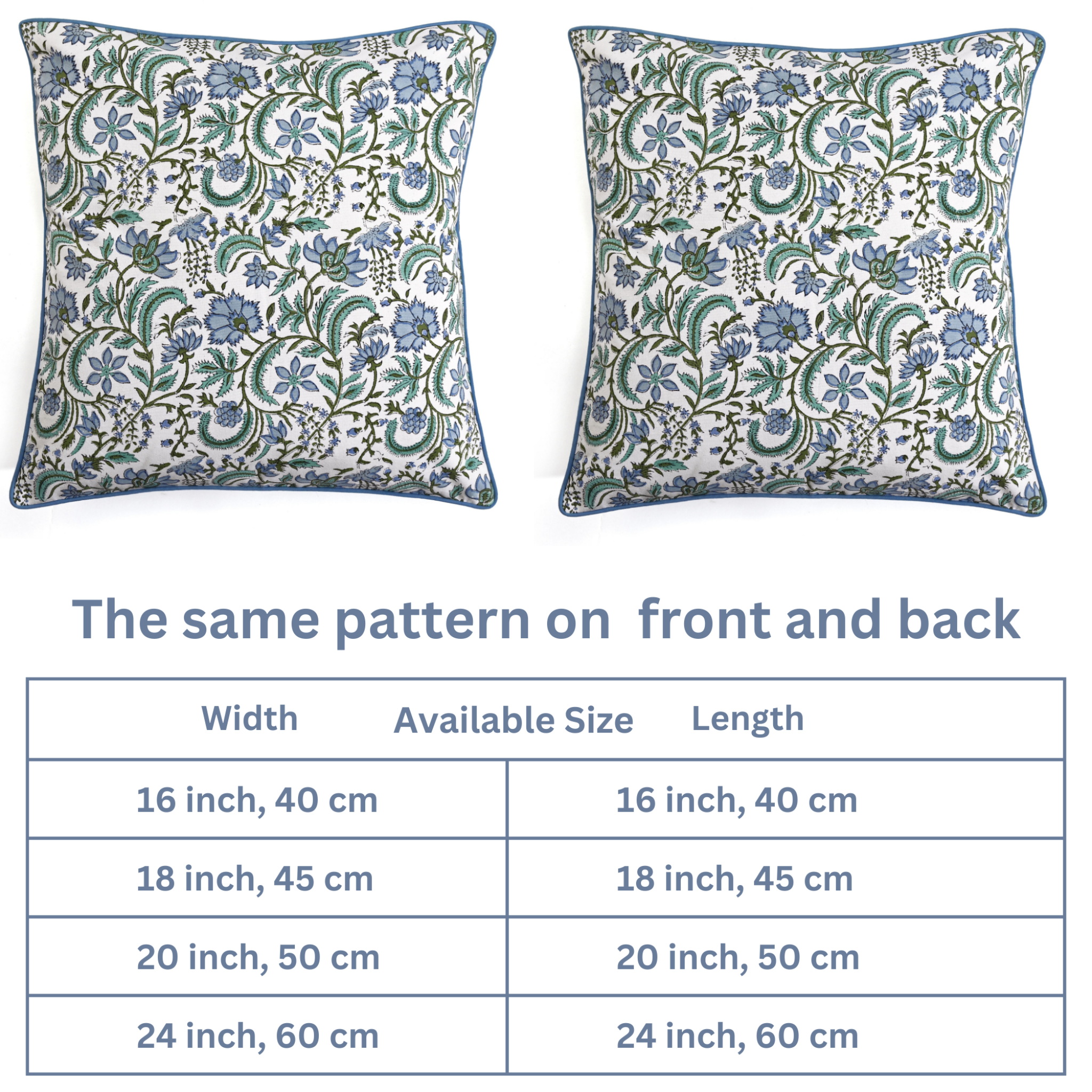 Floral patterned pillow with size chart on a white background