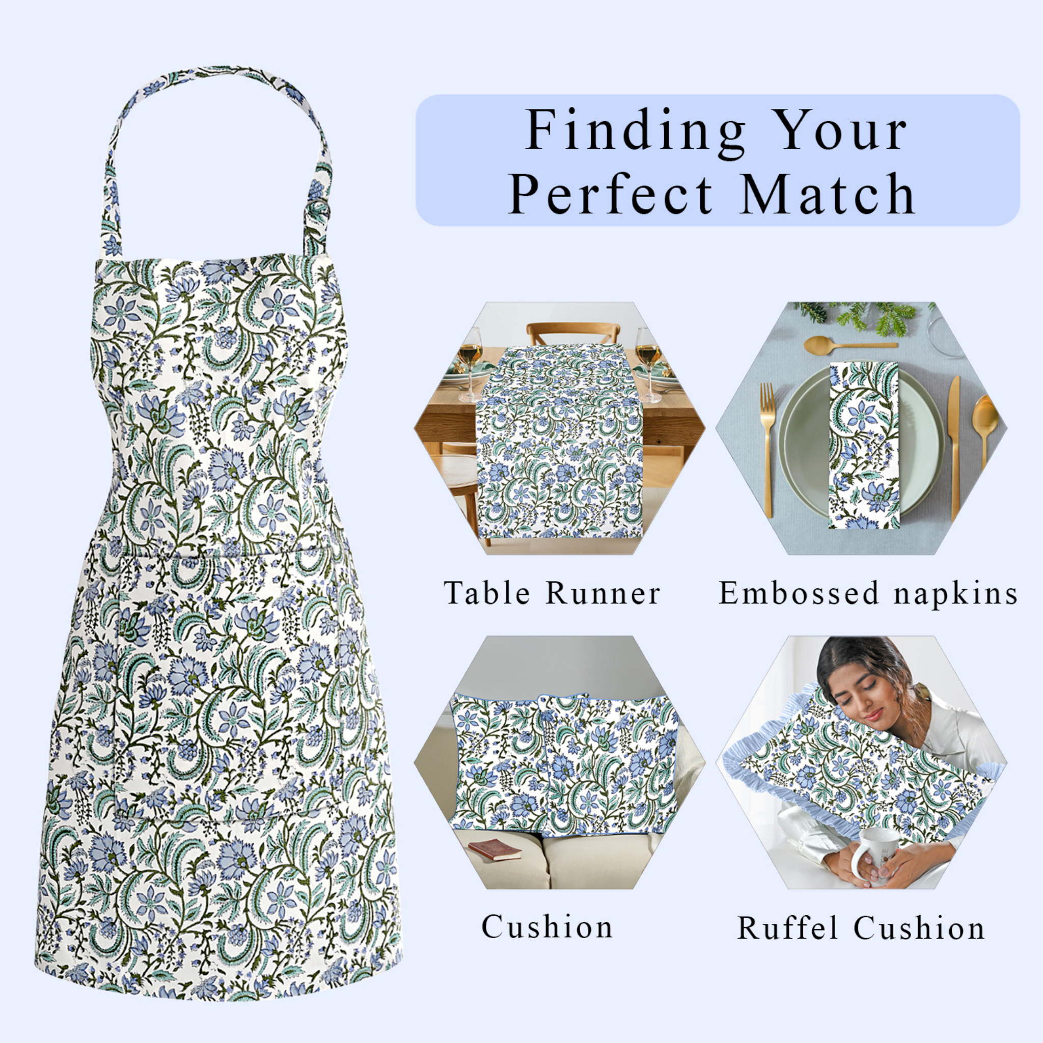 Patterned apron with matching table runner, embossed napkins, cushion, and ruffel cushion on a white background.
