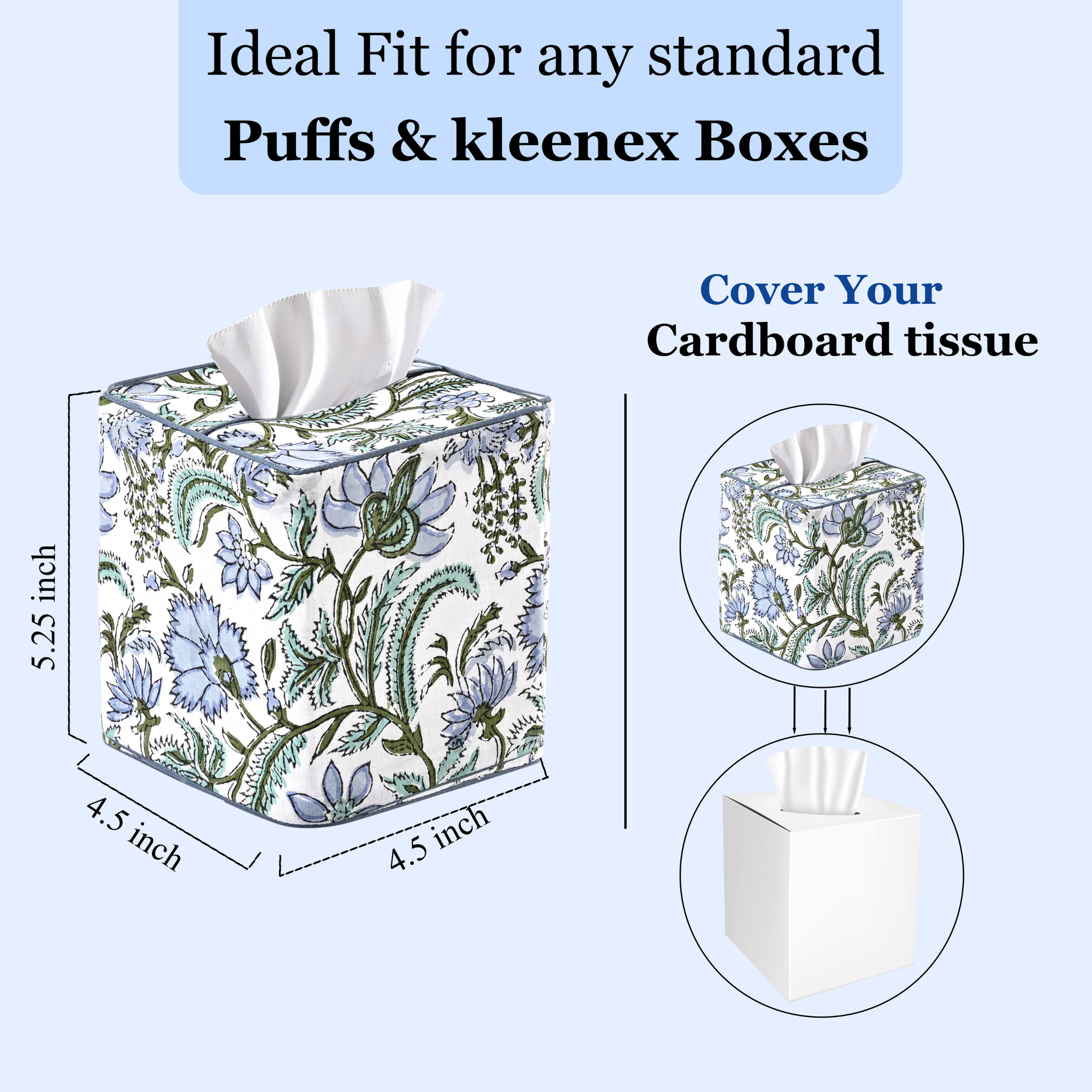 Decorative tissue box cover with floral design, dimensions, and text about fit and use.