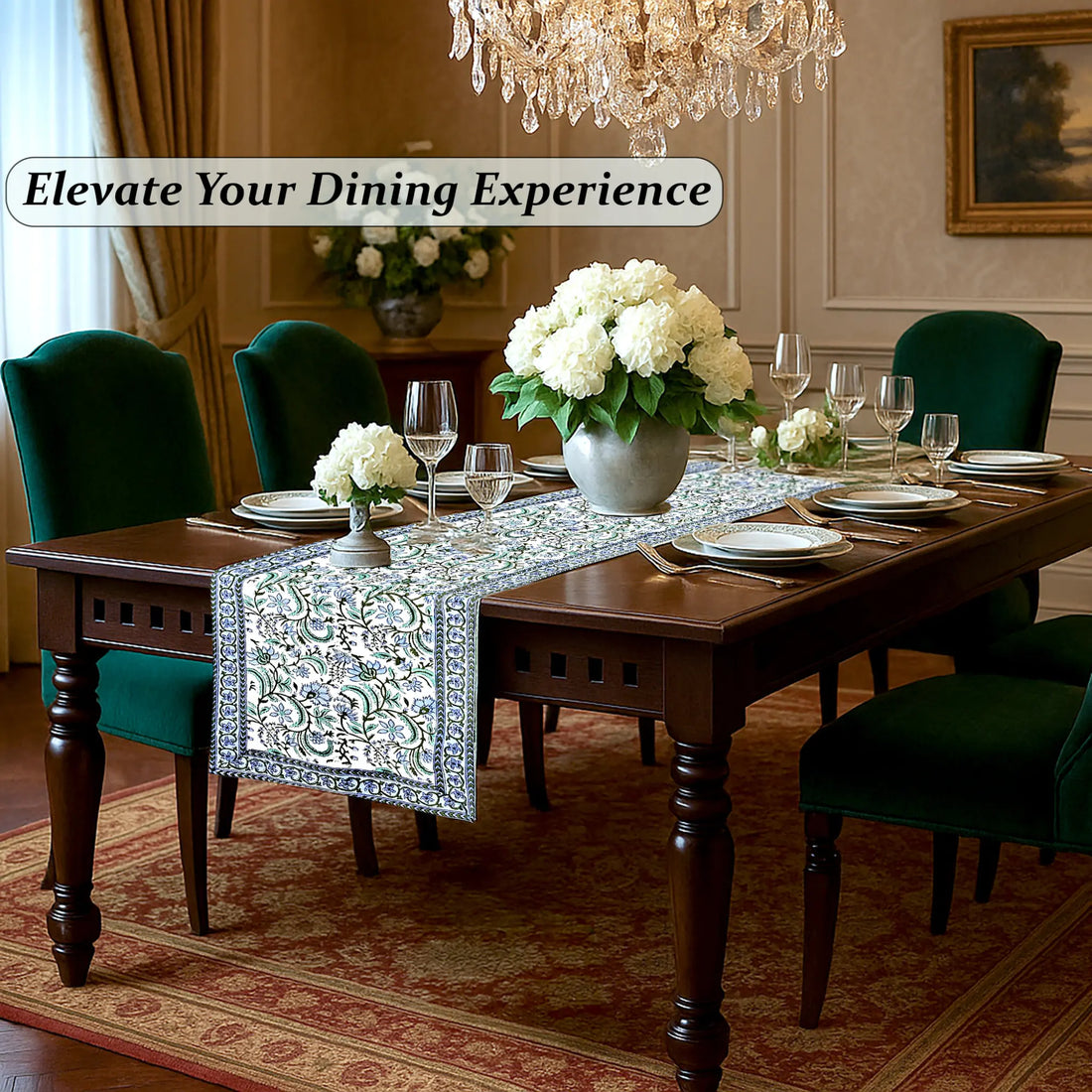 Dining room with a table set for dinner, flowers, and a chandelier.