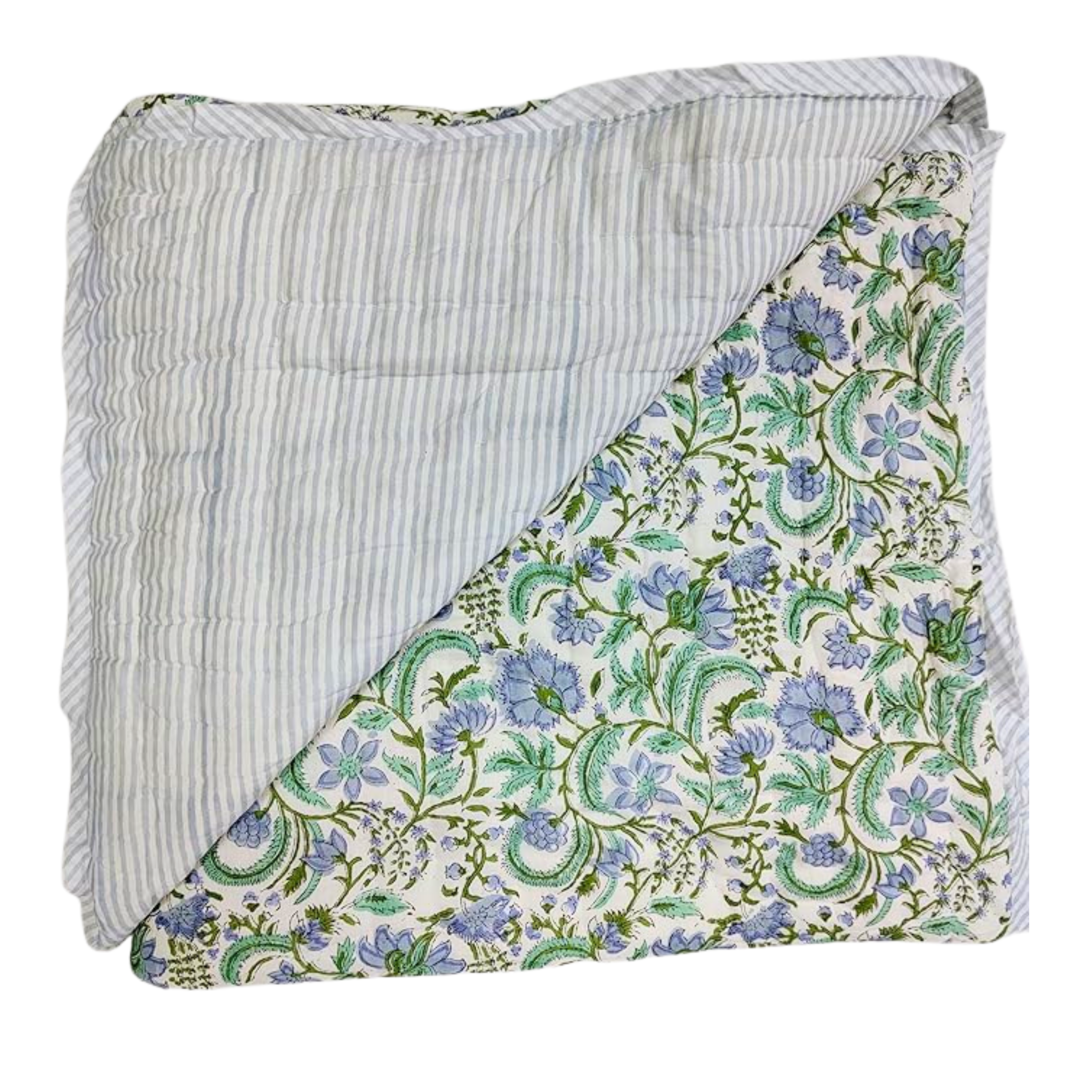 Floral patterned quilt with green and blue design on a white background