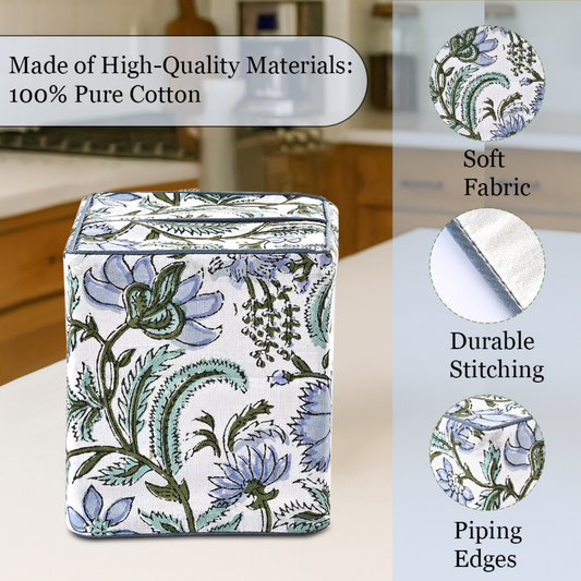 Floral-patterned tissue box cover with quality attributes on a kitchen counter.