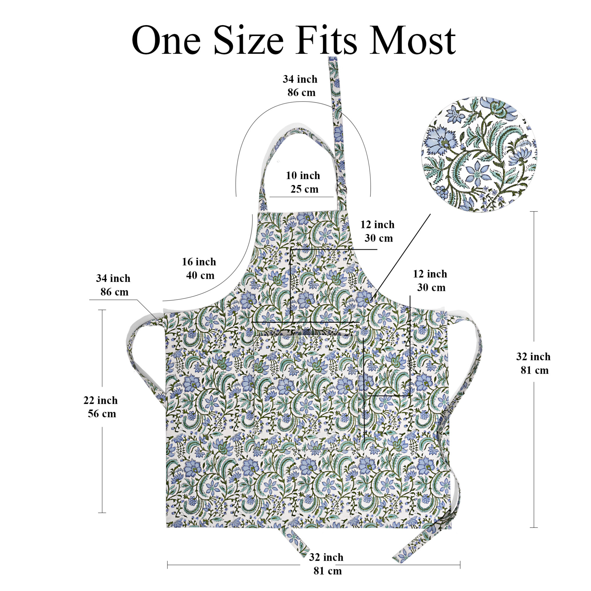 Floral apron with size chart on a white background