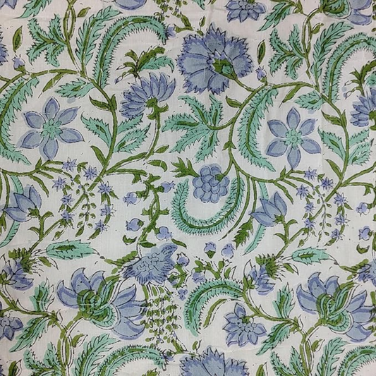 Floral and paisley pattern with blue and green colors on a white background
