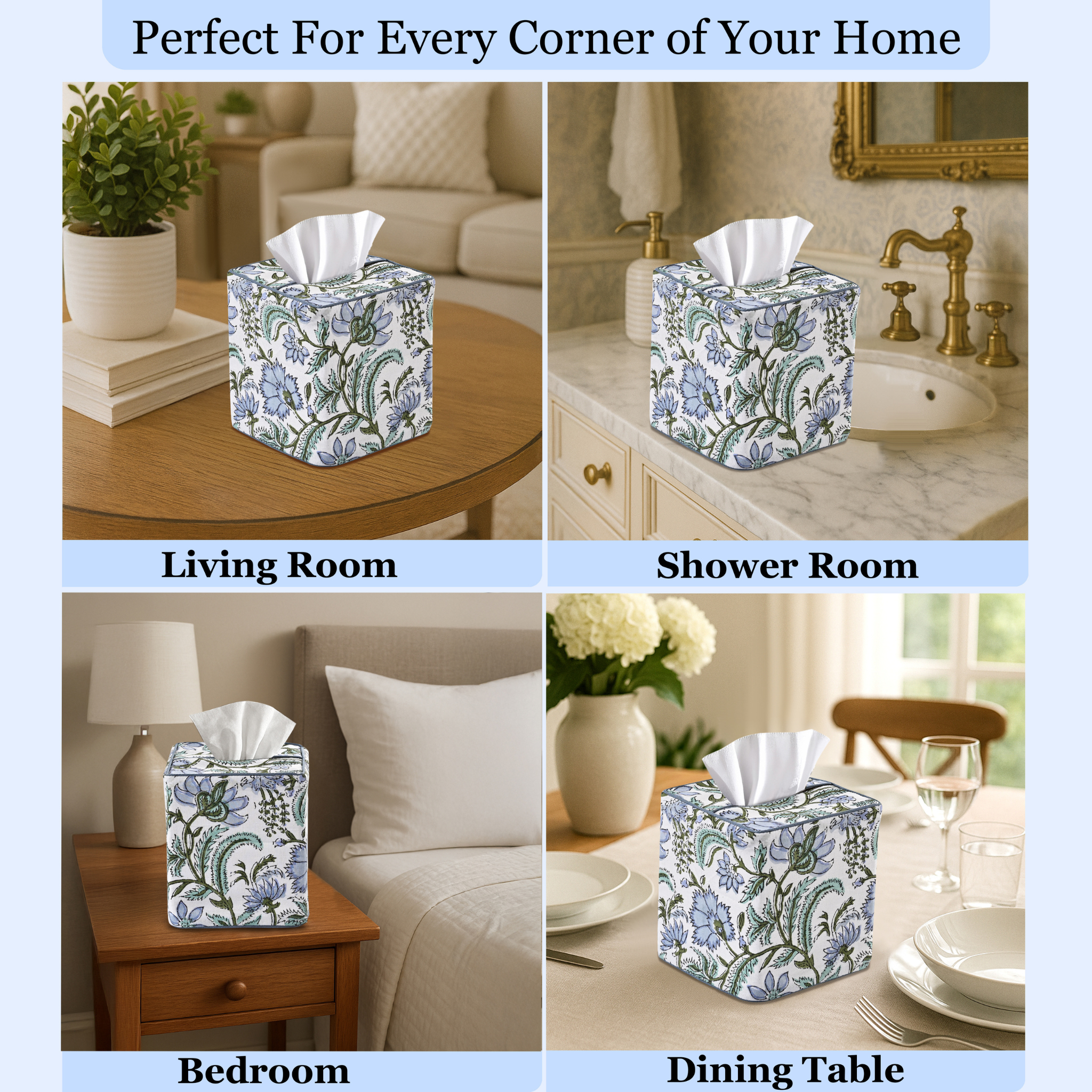 Floral-patterned tissue box cover displayed in various home settings.