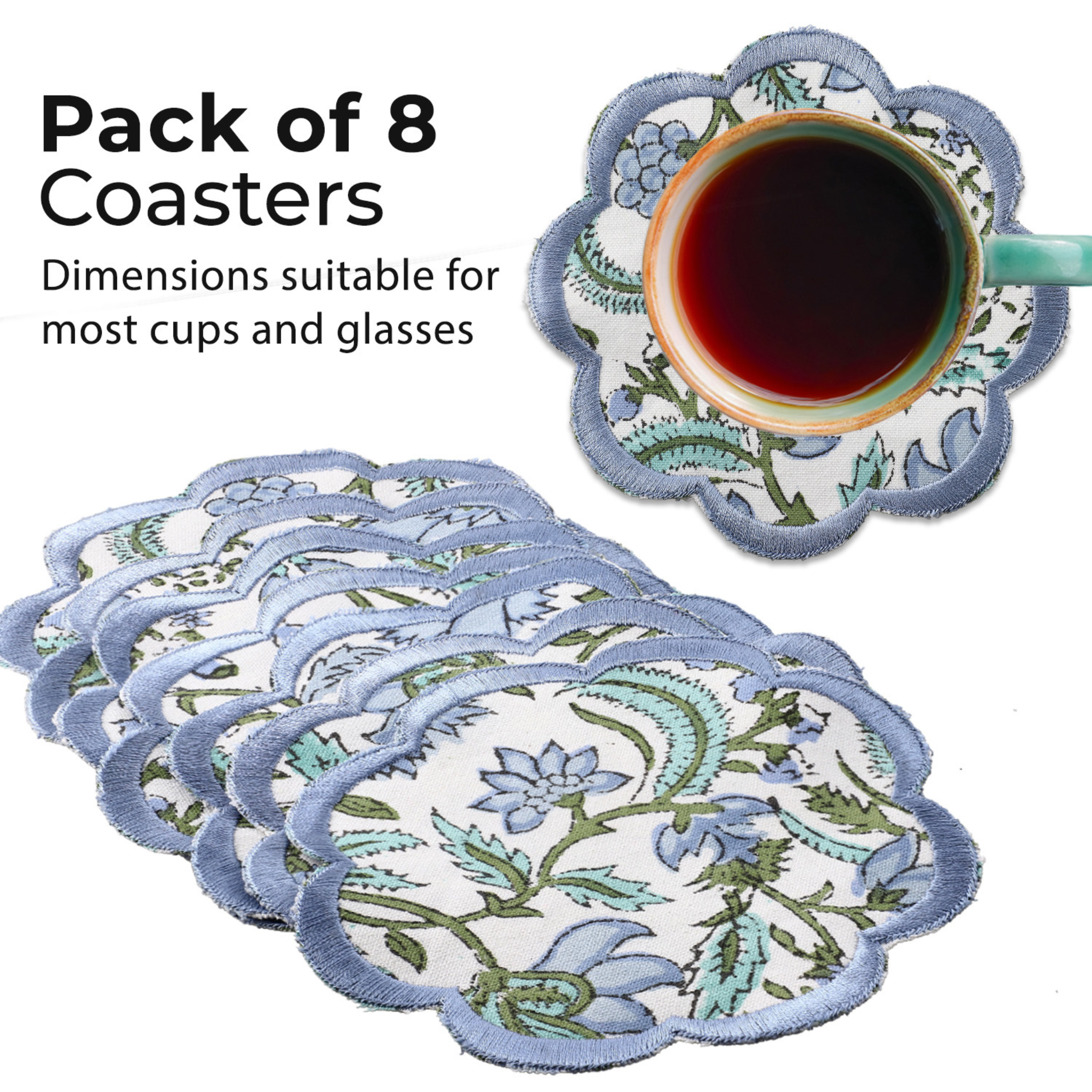 Pack of 8 floral coasters with a cup of tea on a white background