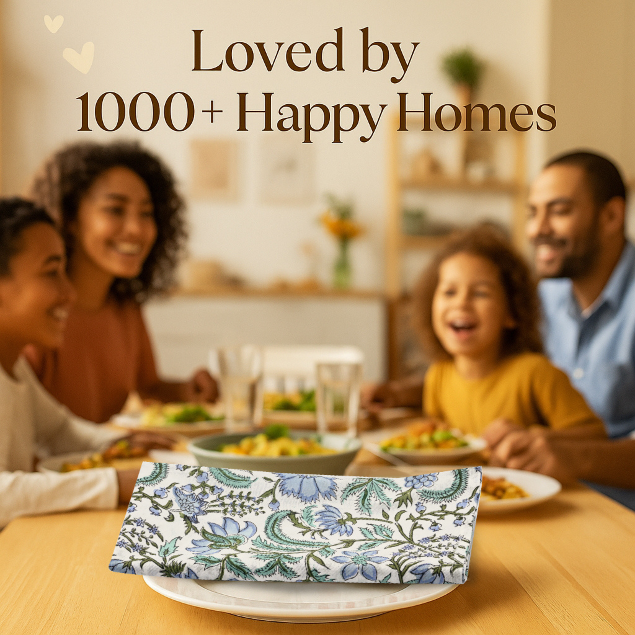 Family enjoying a meal together with a floral-patterned napkin on a table.