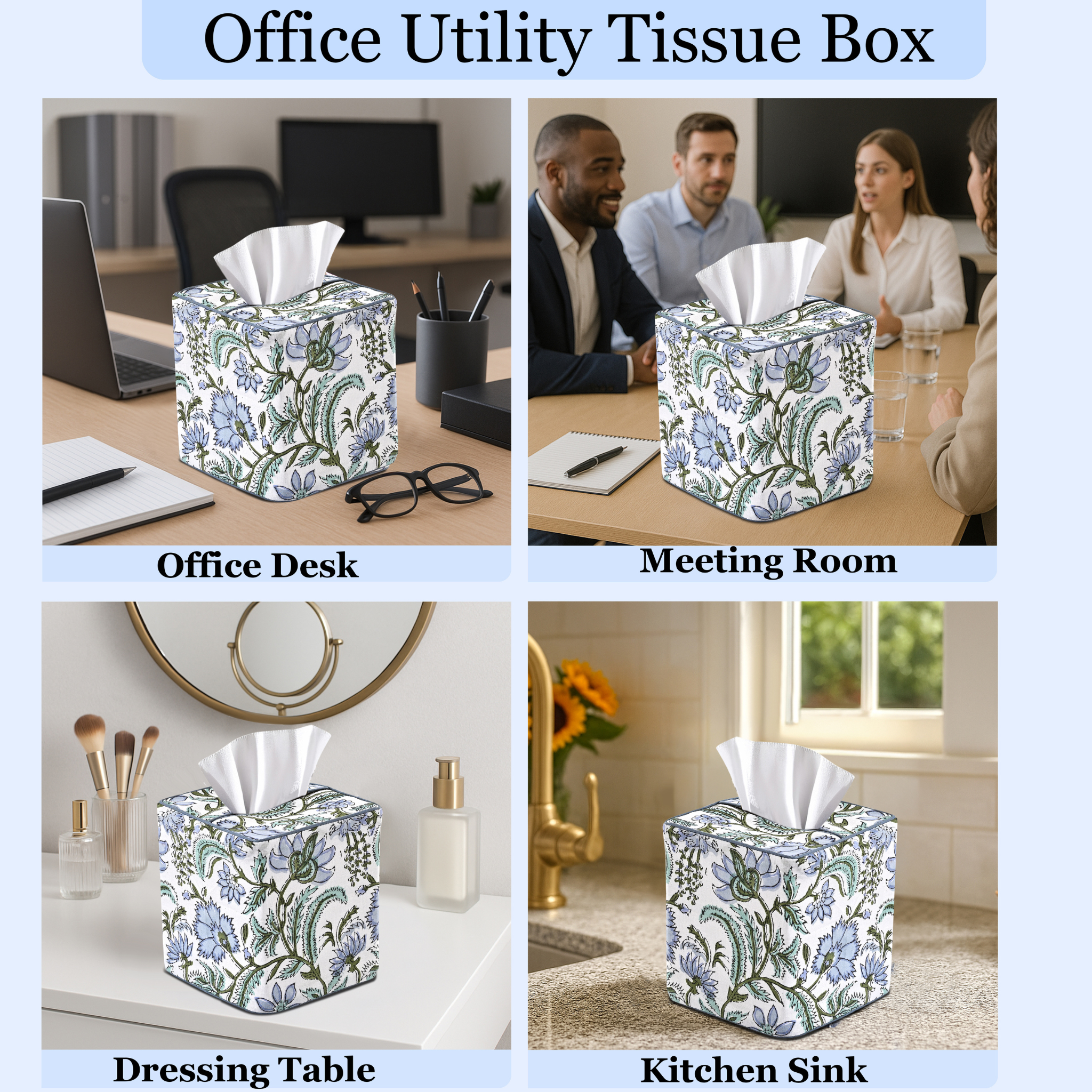 Floral-patterned office utility tissue box shown in various settings including an office desk, meeting room, dressing table, and kitchen sink.