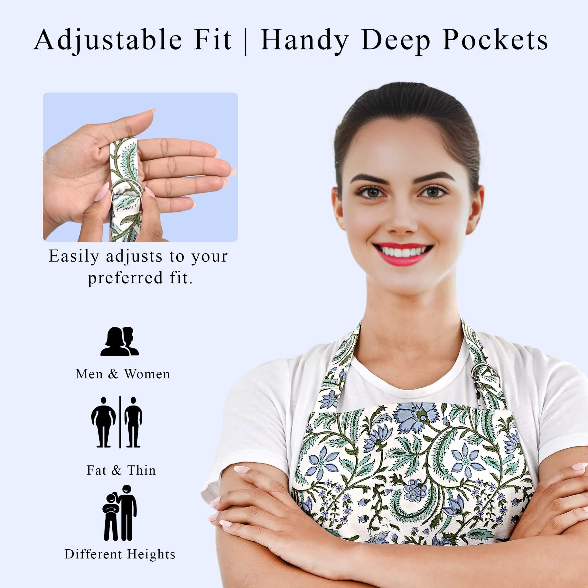 Woman wearing a floral apron with text highlighting adjustable fit and deep pockets.