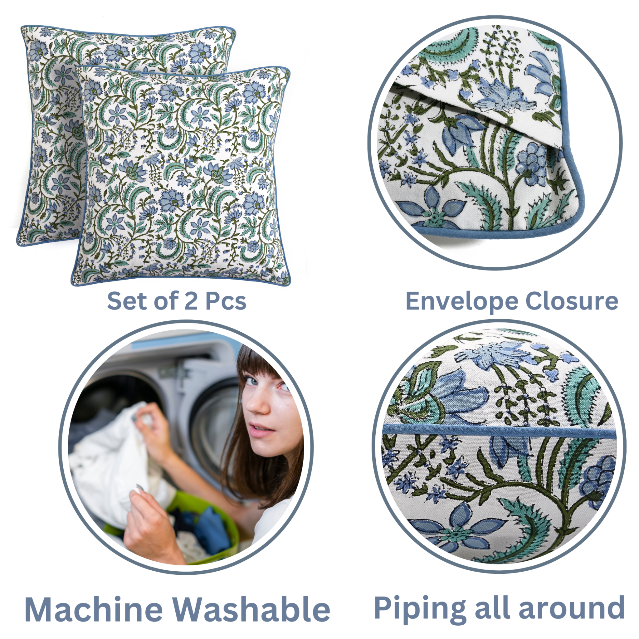 Set of two floral-patterned pillows with envelope closure, machine washable feature, and close-up details on a white background.