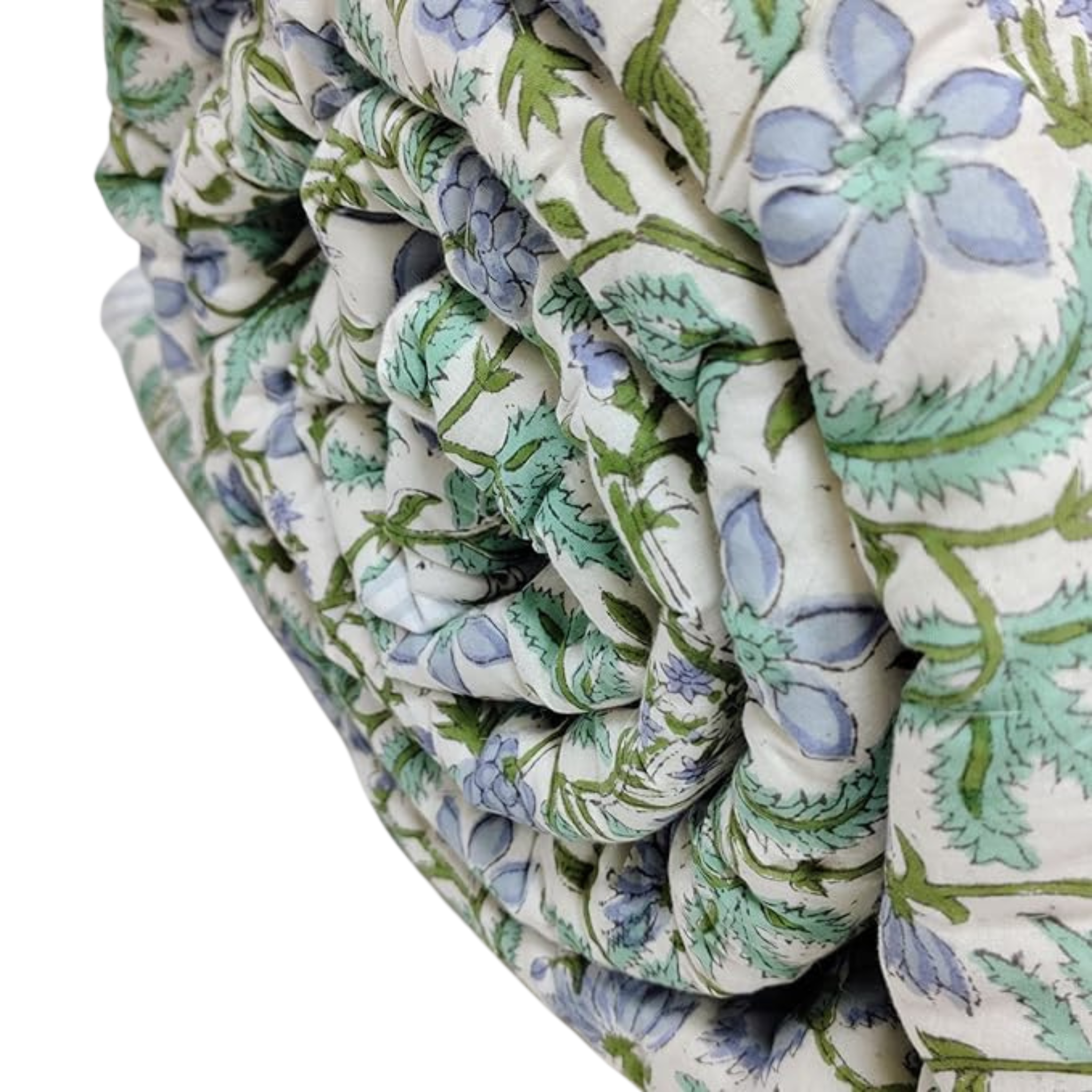 Roll of floral fabric with blue and green patterns on a white background