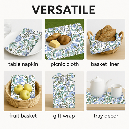 Versatile use of a floral patterned cloth including table napkin, picnic cloth, basket liner, fruit basket, gift wrap, and tray decor.