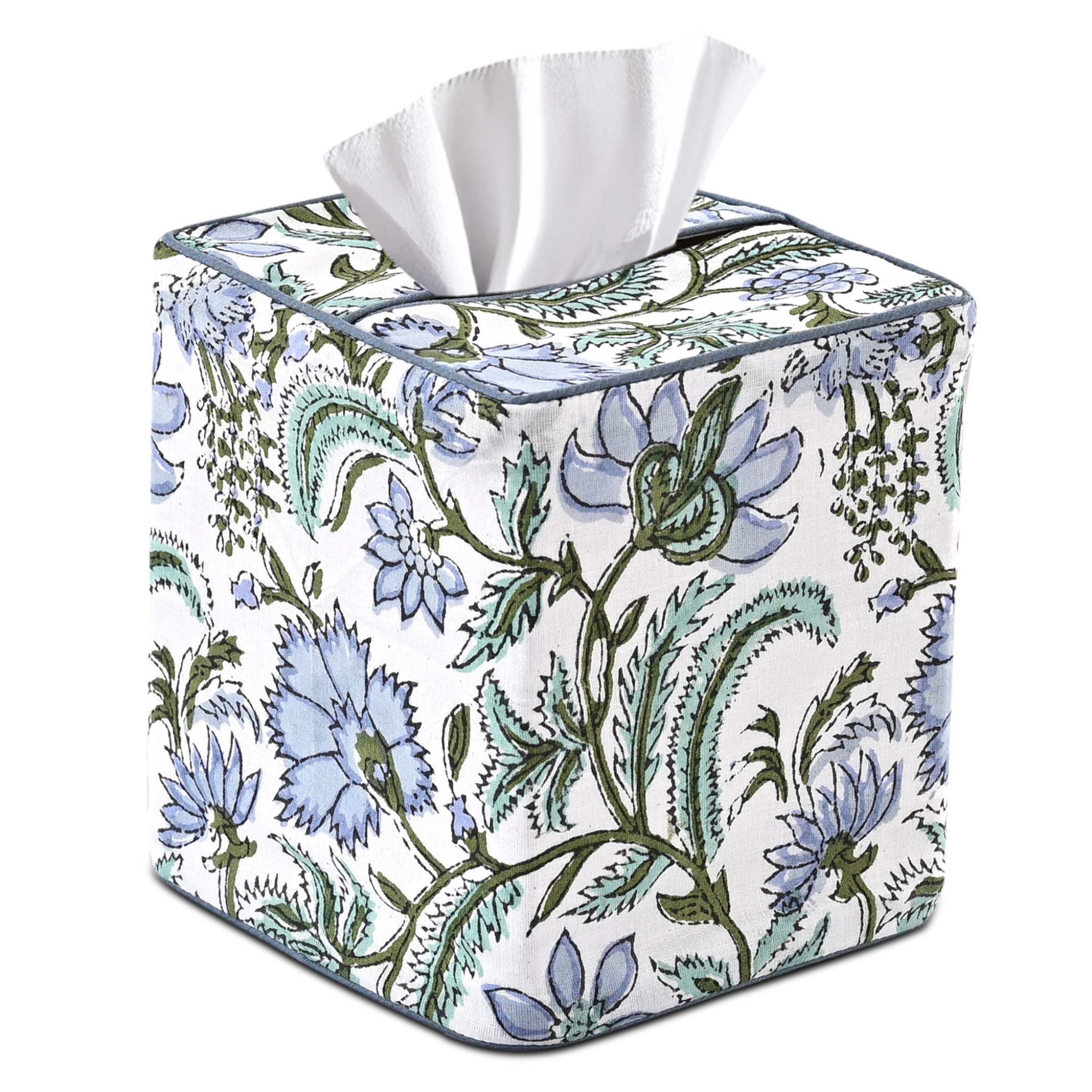Floral-patterned tissue box cover with white tissues on a white background