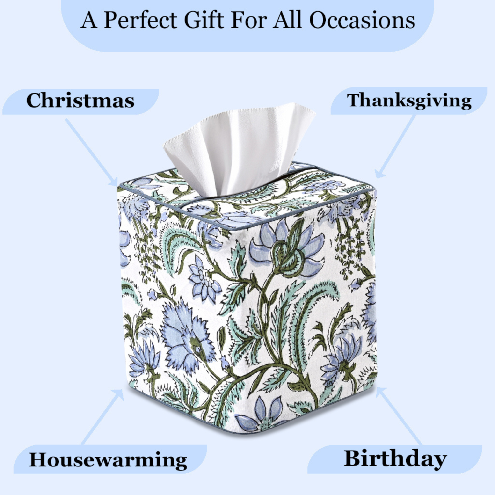Floral-patterned tissue box with text indicating occasions like Christmas, Thanksgiving, Housewarming, and Birthday.