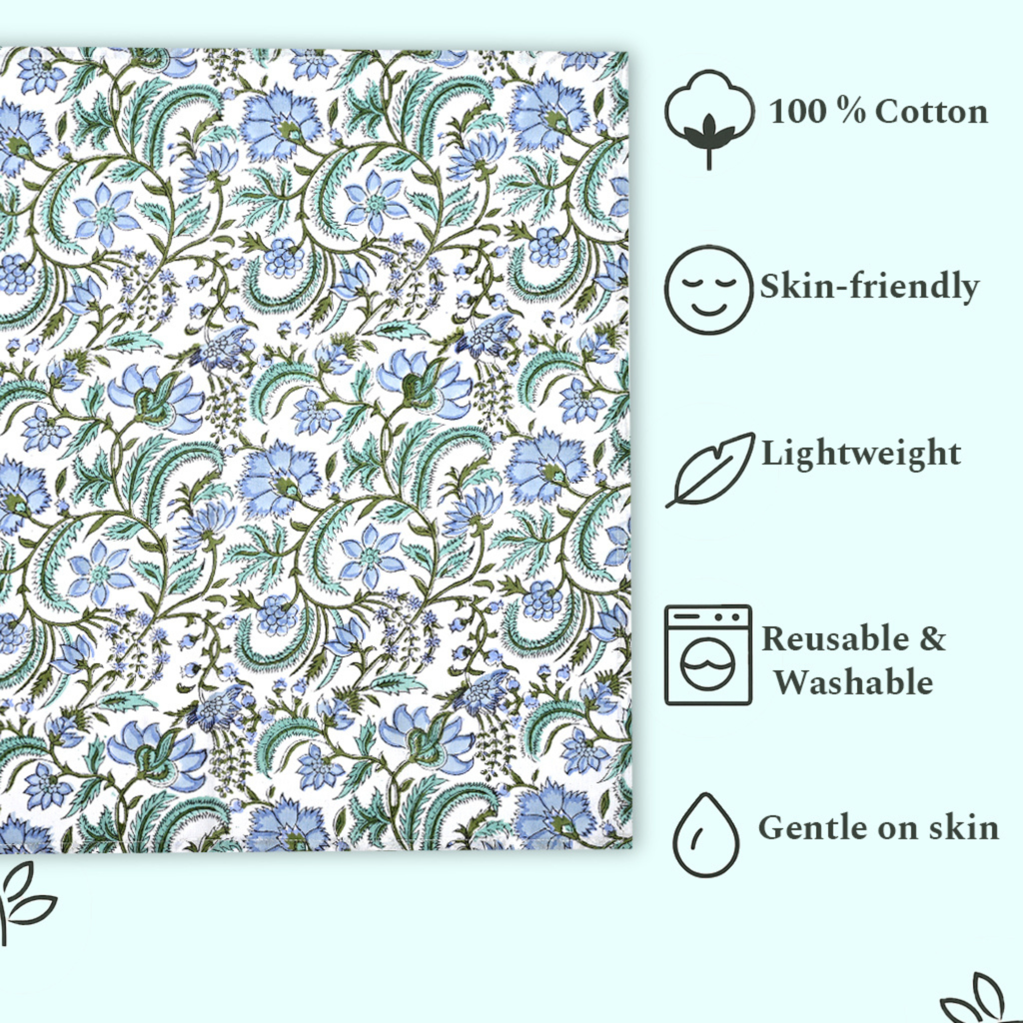 Floral patterned fabric with sustainability and product features listed on a light blue background