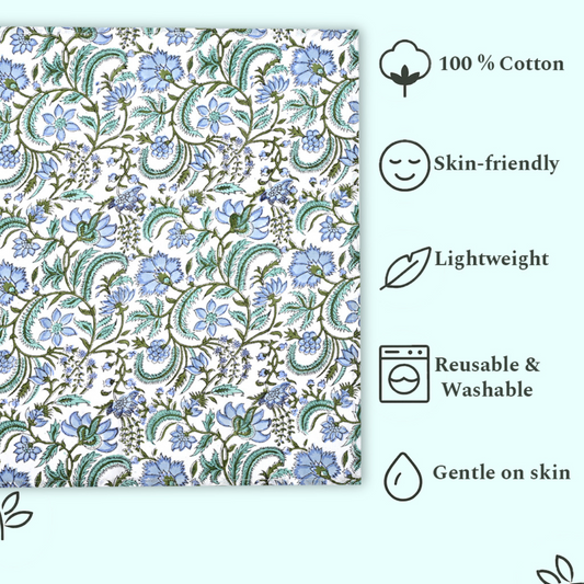Floral patterned fabric with sustainability and product features listed on a light blue background