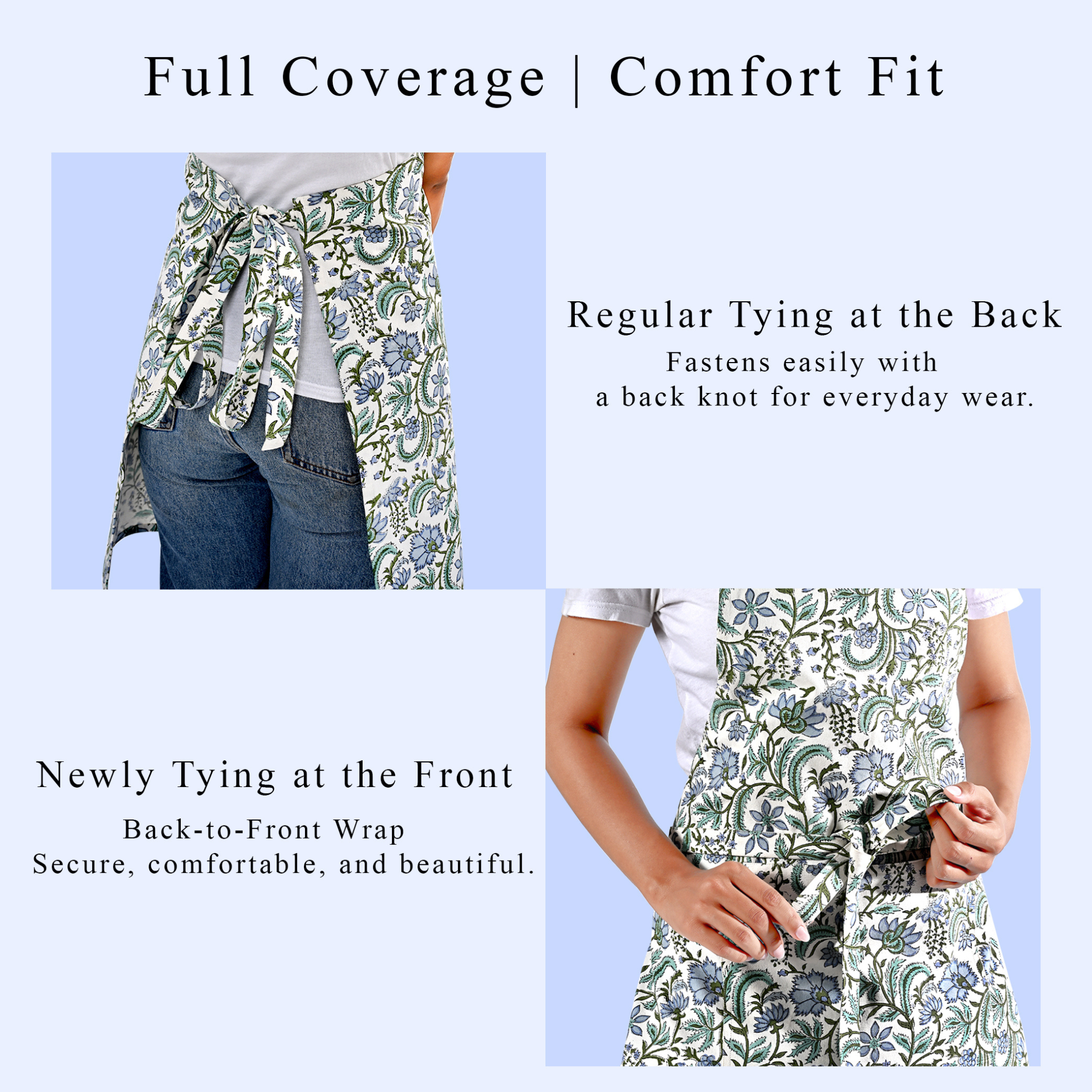 Floral wrap with text on full coverage, comfort fit, and tying methods.