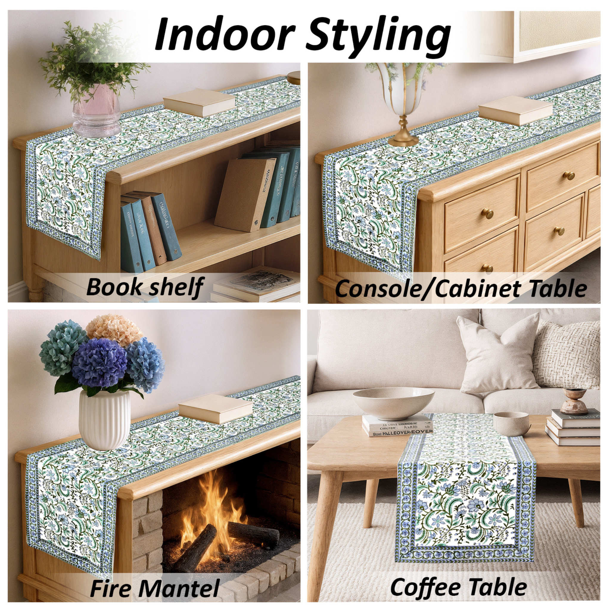 Decorative table runner shown in various indoor settings including a bookshelf, console cabinet, fire mantel, and coffee table.