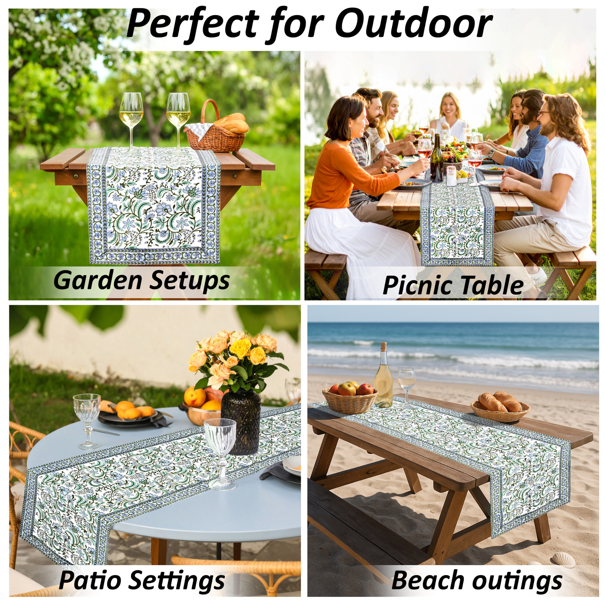Table runner with floral pattern used in various outdoor settings including garden, picnic, patio, and beach.