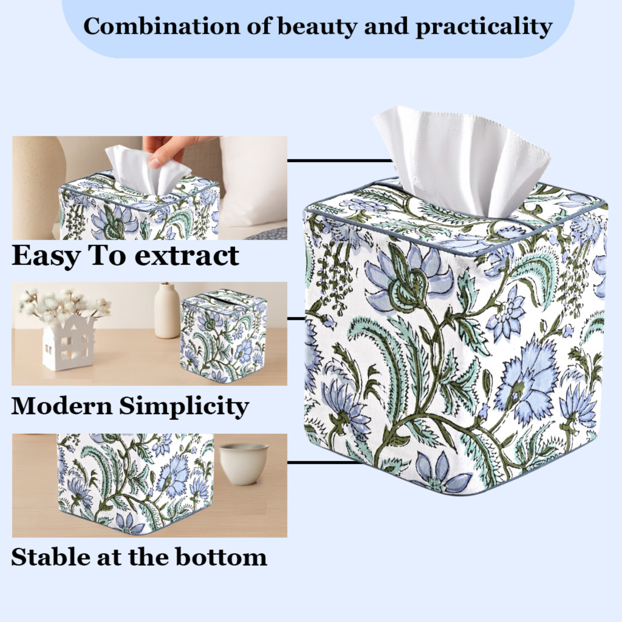 Floral-patterned tissue box cover with text highlighting features on a light blue background