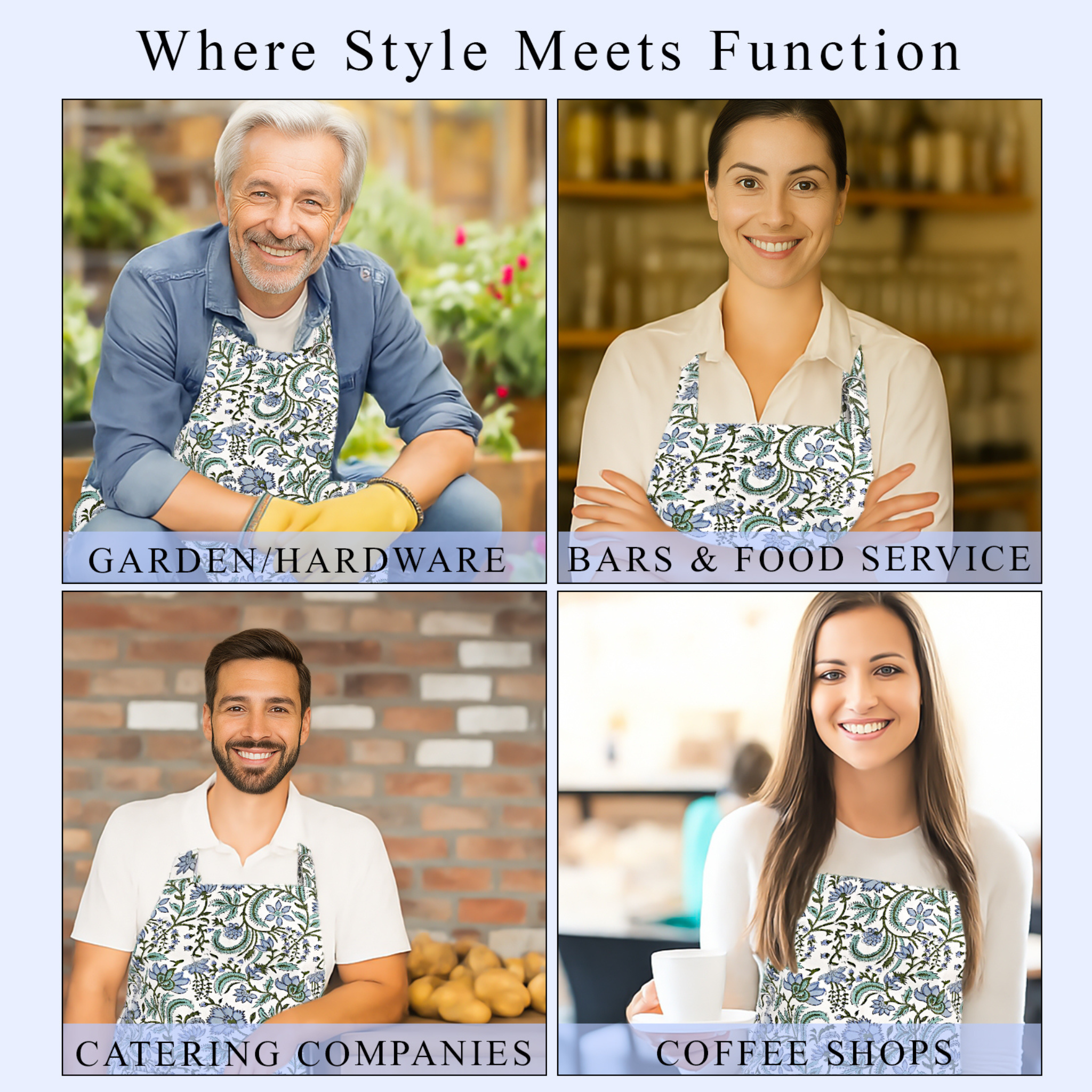 Four people wearing aprons in different settings with text indicating their use cases.
